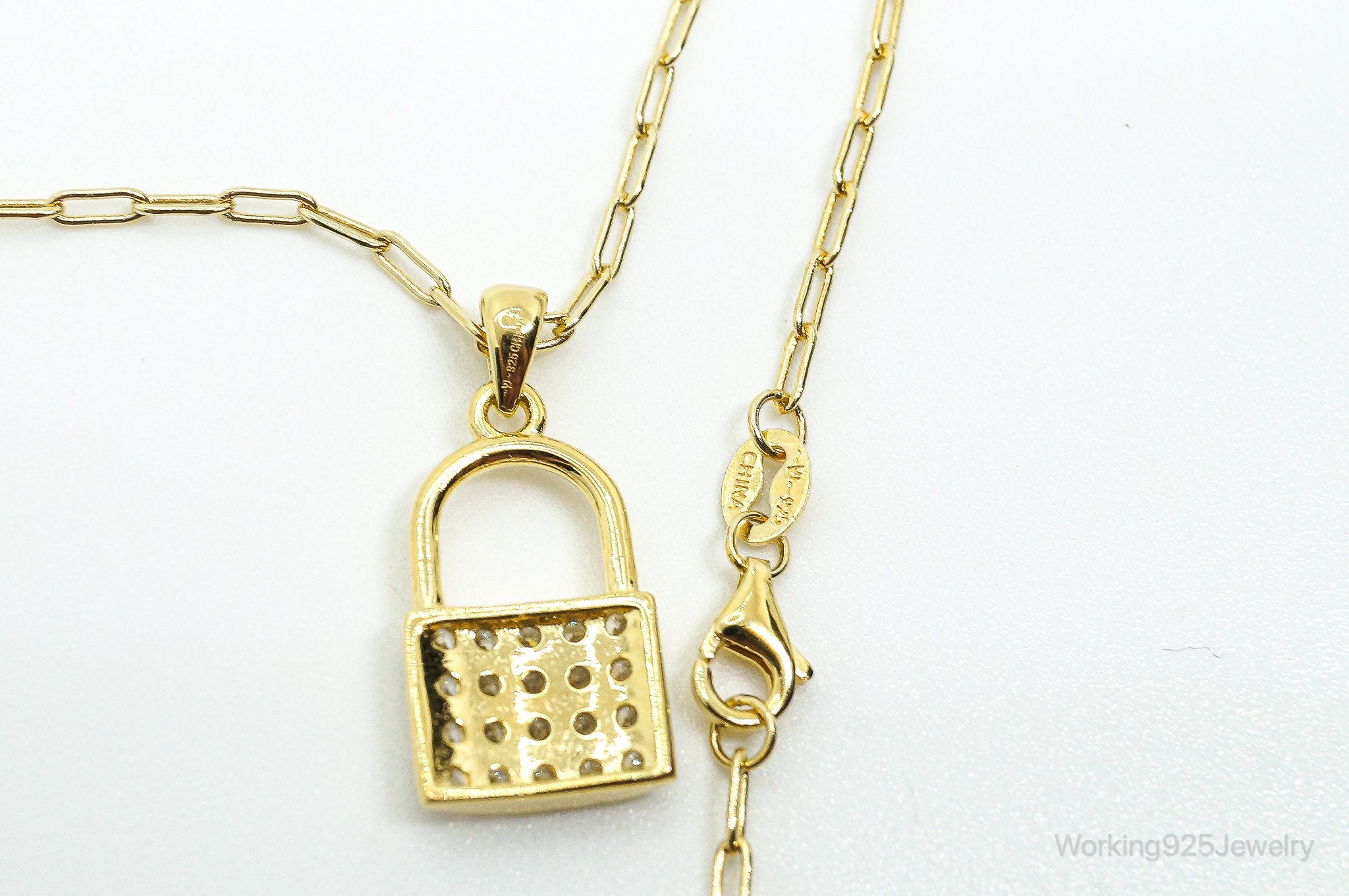 Designer Cubic Zirconia Gold Vermeil Padlock Sterling Silver Necklace