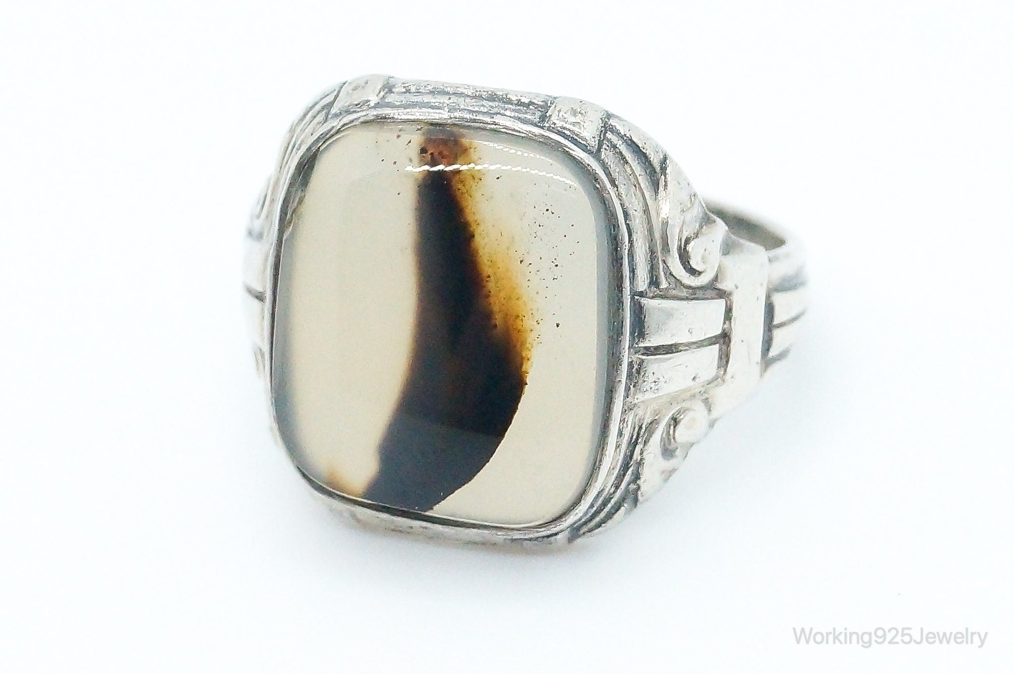 Antique Uncas MFG CO Moss Agate Sterling Silver Ring Size 6.25