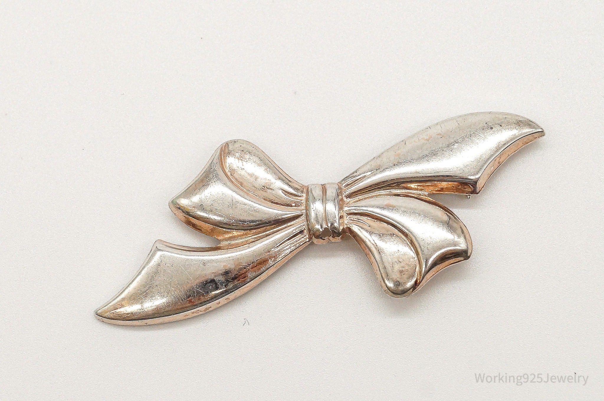 Antique Large Bow Tie Rose Gold Wash Sterling Silver Brooch Pin