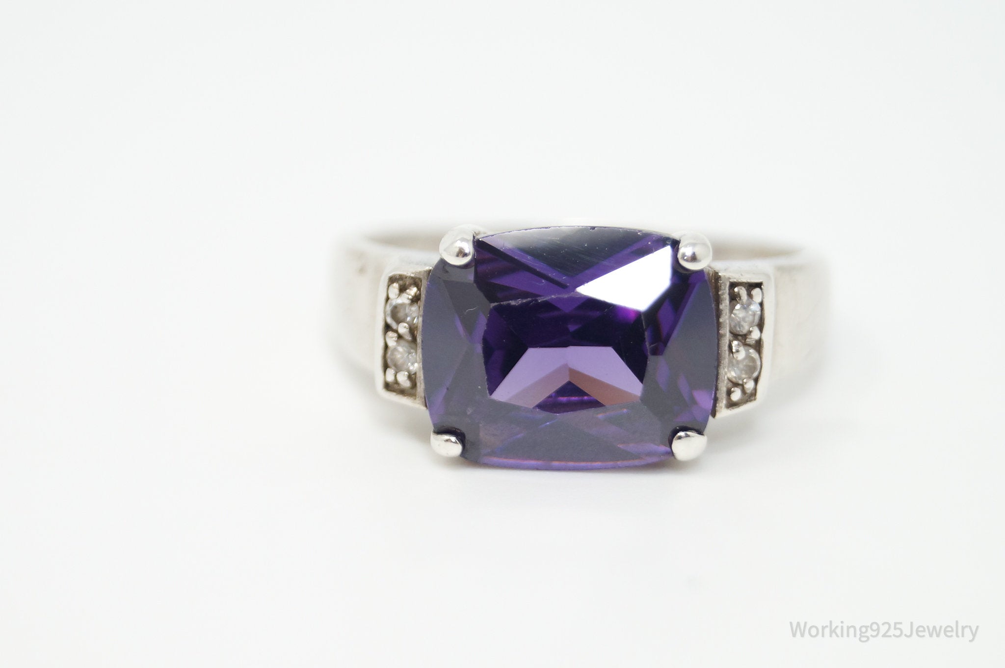 Vintage Art Deco Amethyst CZ Sterling Silver Statement Ring - Sz 10