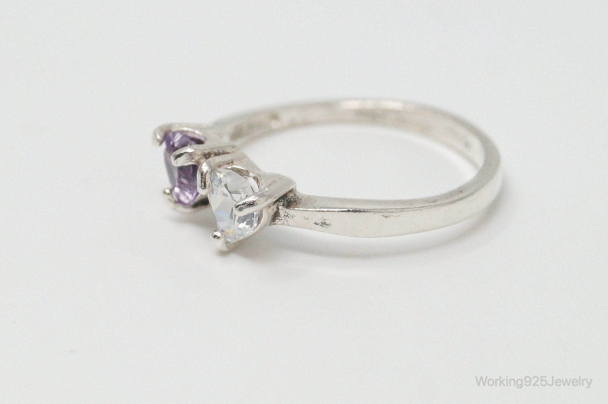 Vintage Cubic Zirconia Amethyst Hearts Sterling Silver Ring Size 9