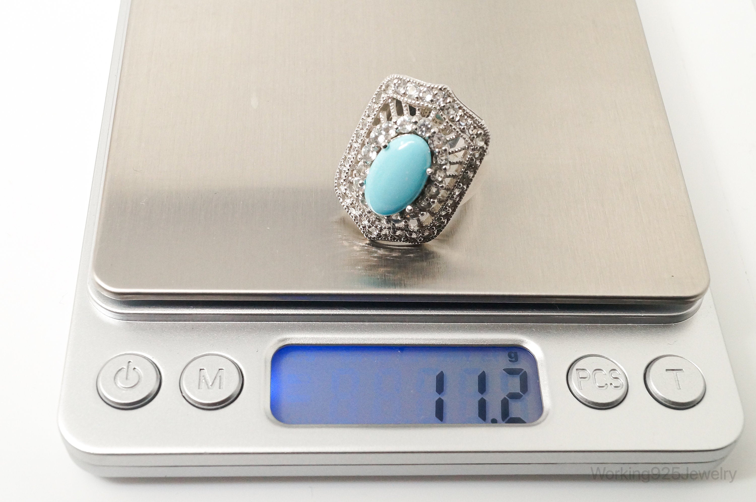 Vintage Designer SX Large Turquoise CZ Sterling Silver Ring - Size 9.75