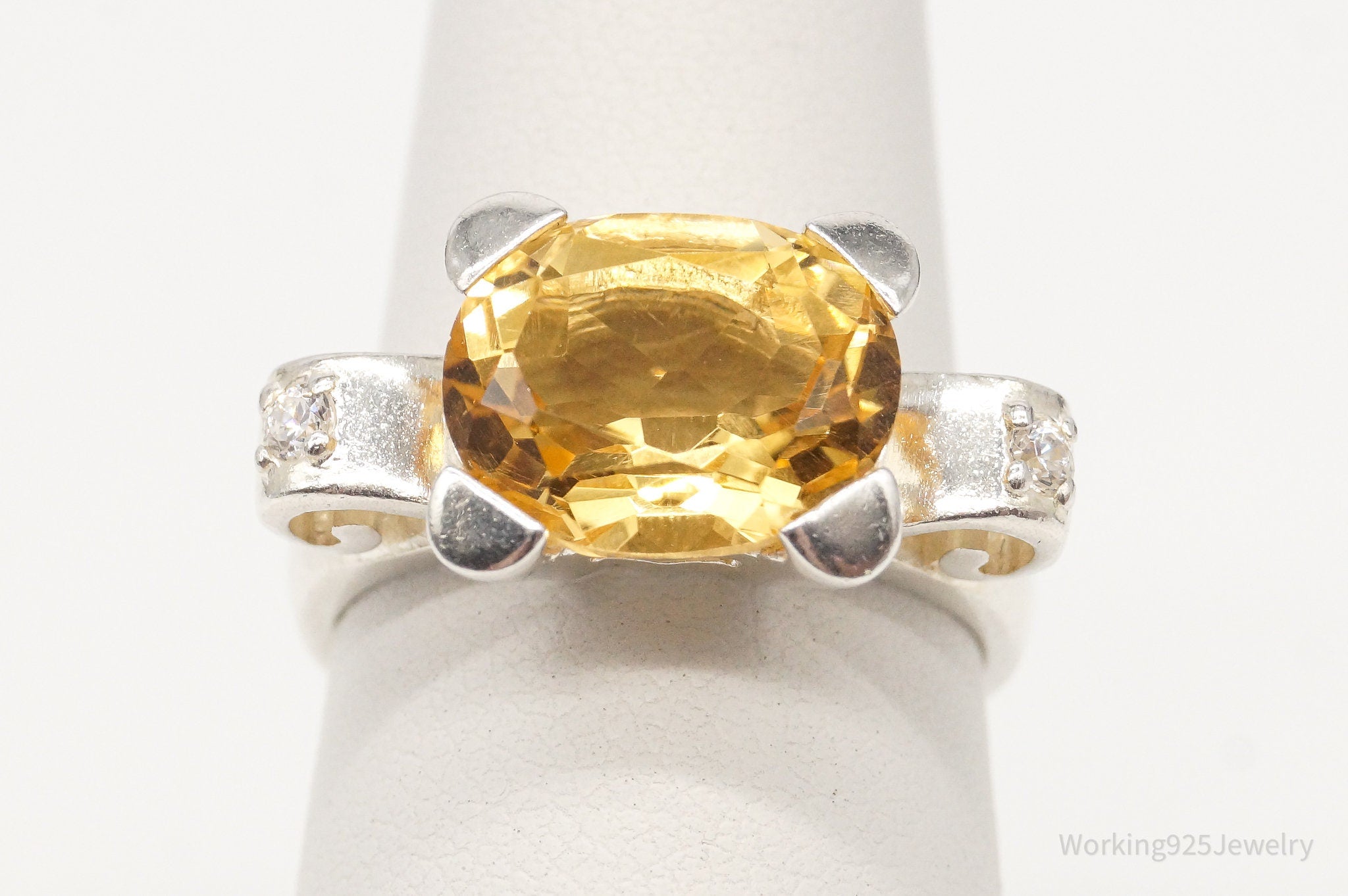 Vintage Large Citrine Cubic Zirconia Sterling Silver Ring - Size 6