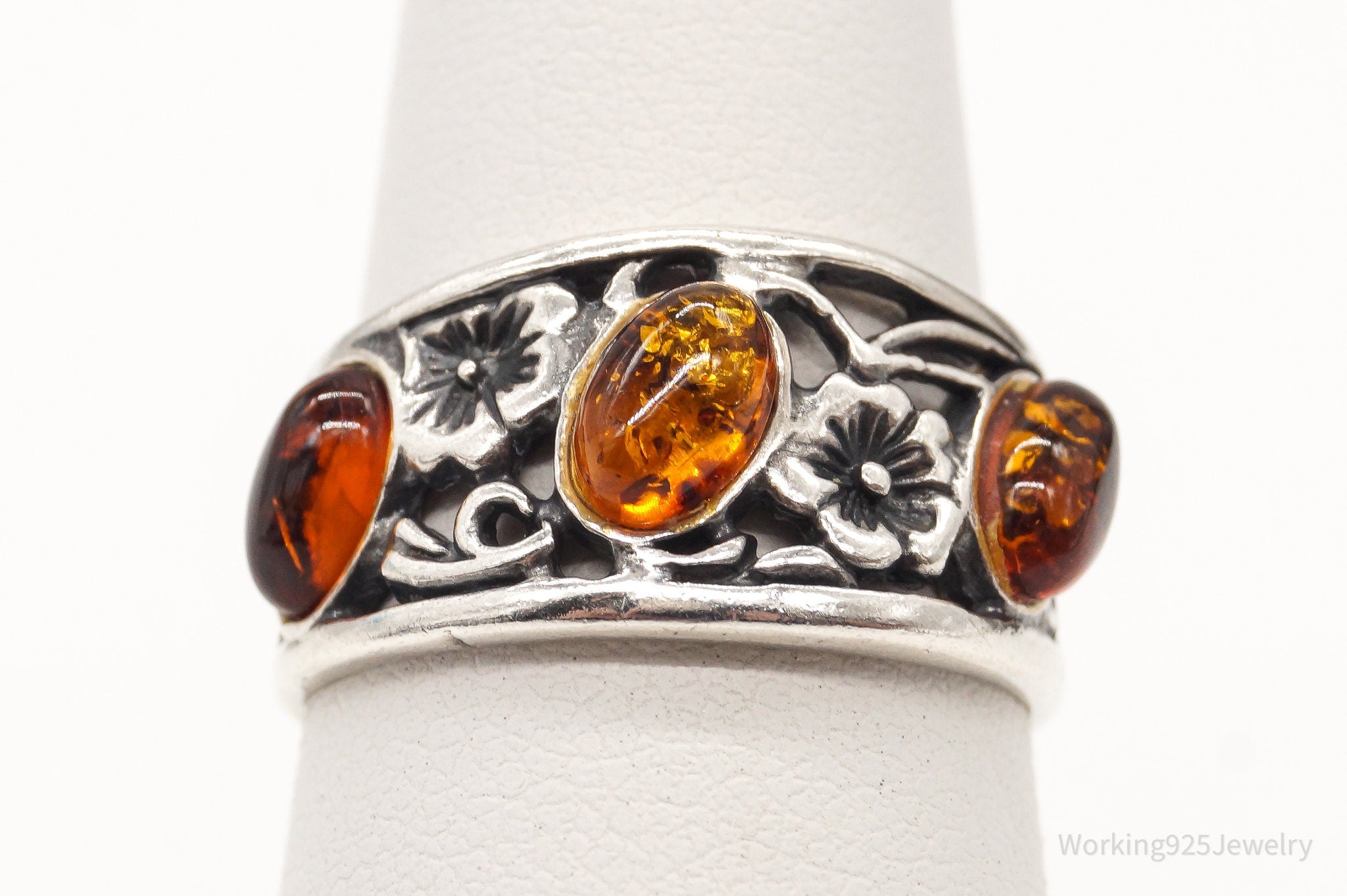 Vintage Baltic Amber Flowers Vines Sterling Silver Ring - Size 6.25