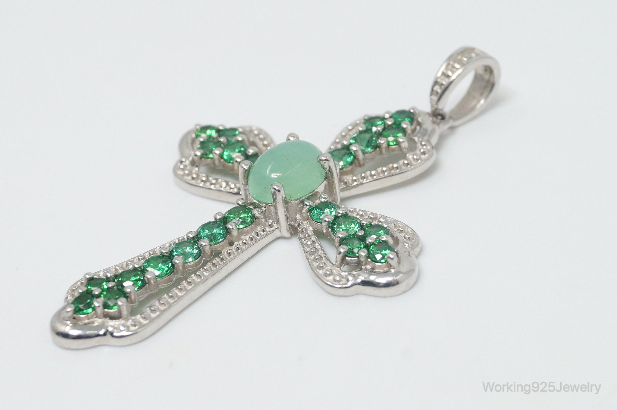 Vintage Green Chalcedony Green Cubic Zirconia Cross Sterling Silver Pendant