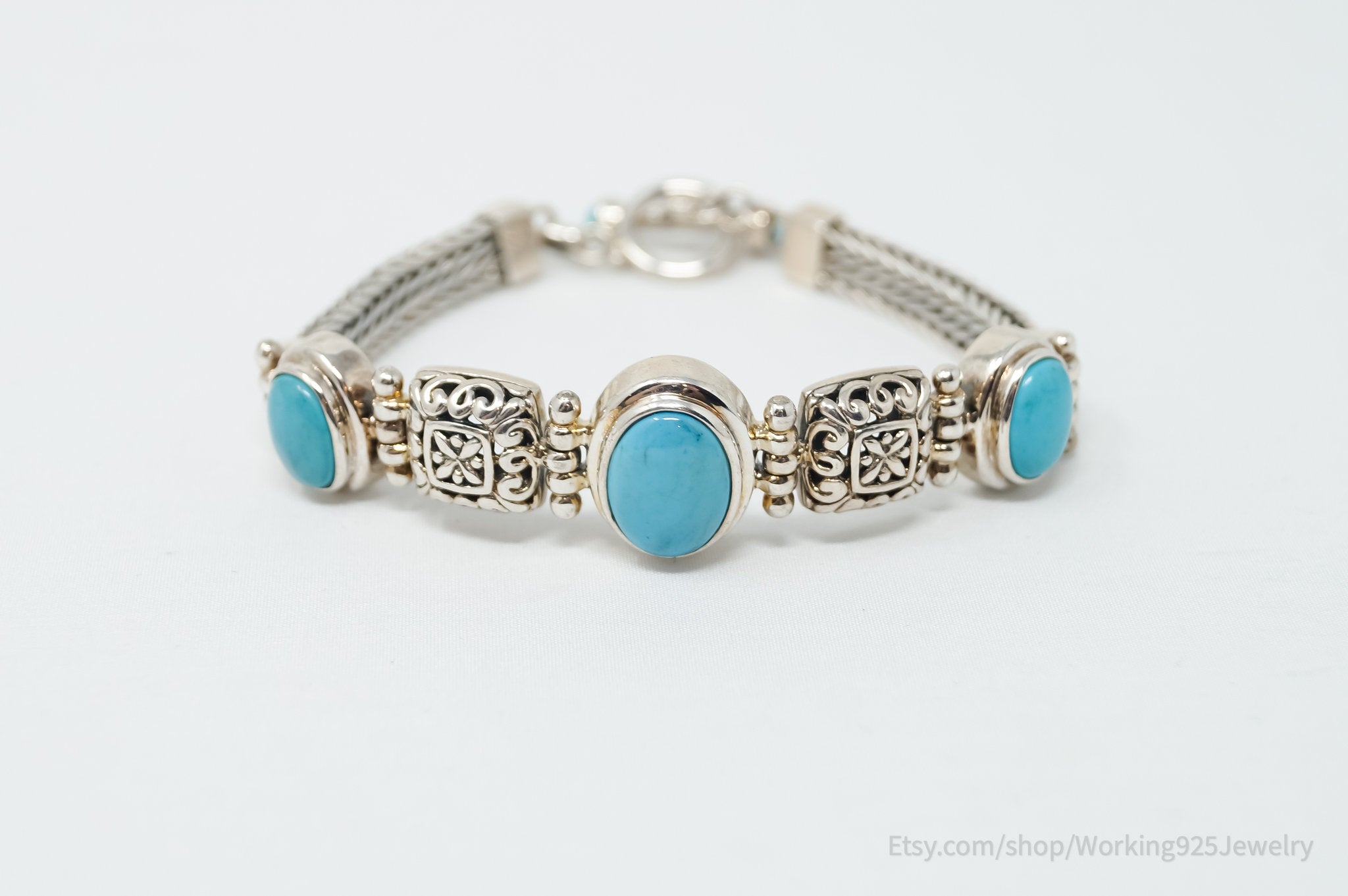 Vintage Blue Turquoise Sterling Silver Southwestern Bali Toggle Bracelet