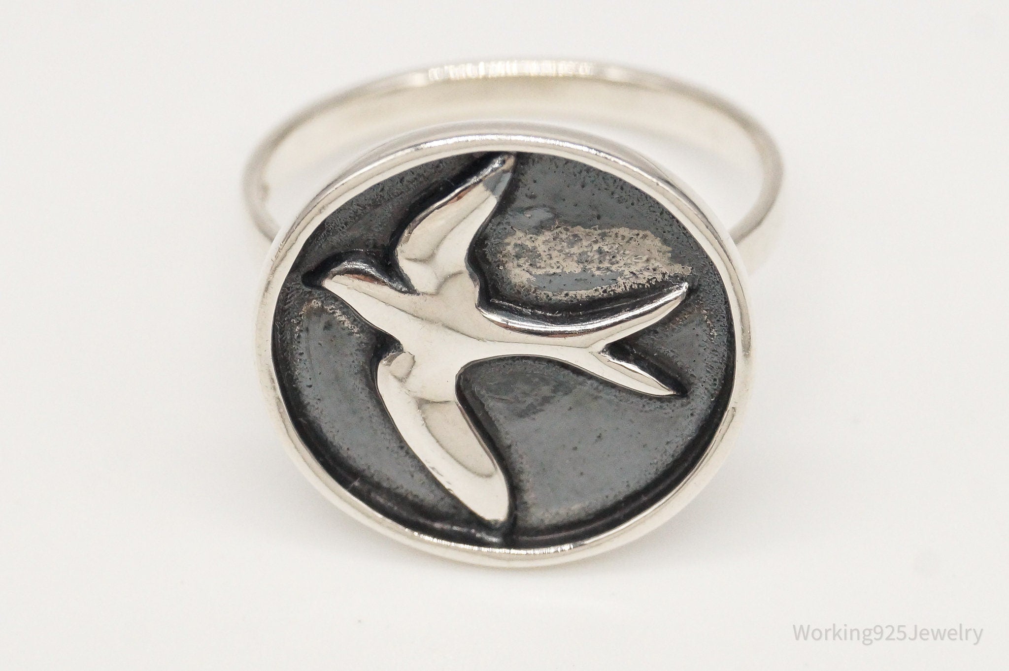 Vintage Designer Oxidized Swallow In Flight Sterling Silver Ring - Size 7.25