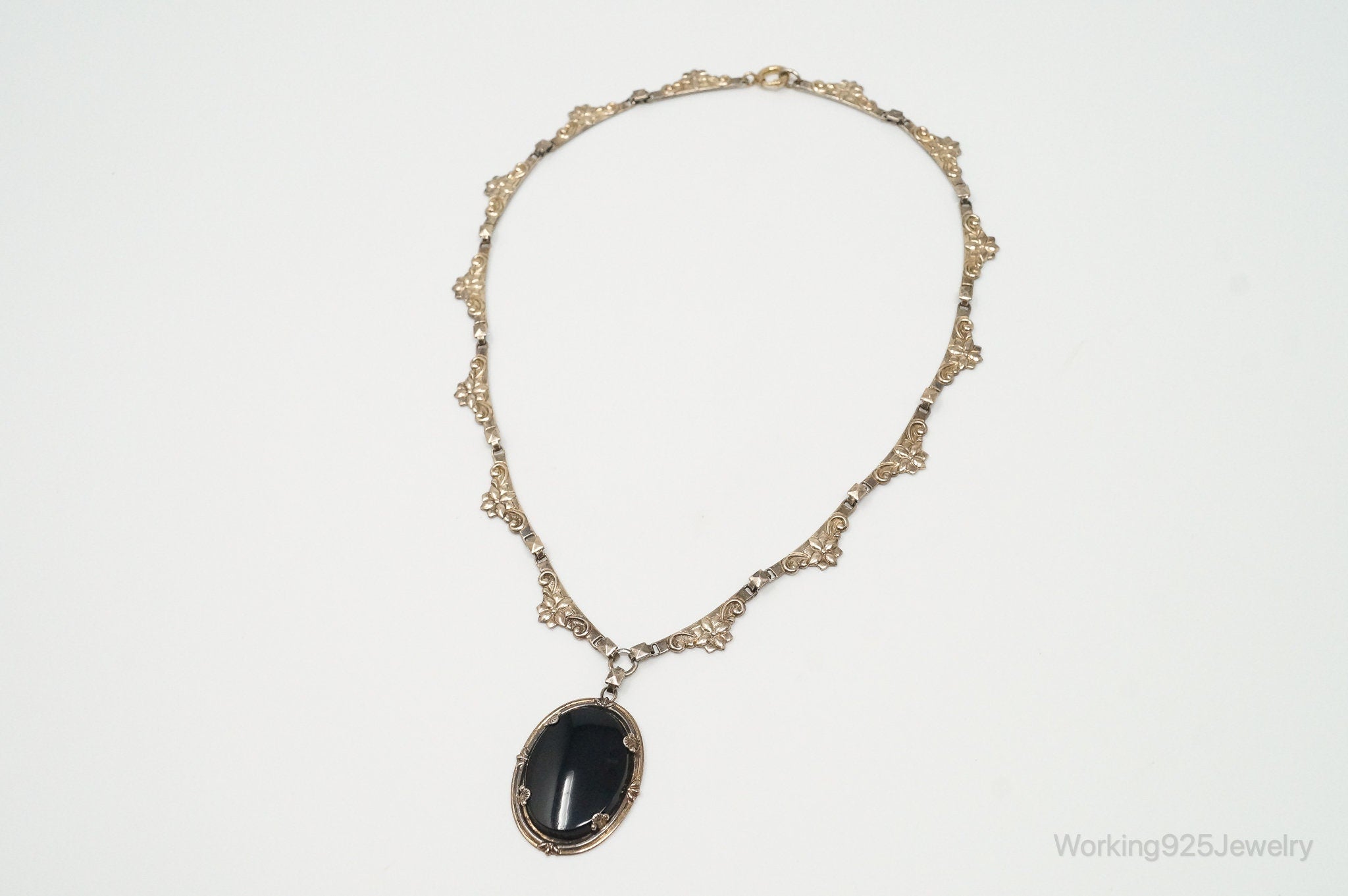 Vintage Designer Symmetalic Black Onyx 14K Gold Sterling Silver Necklace