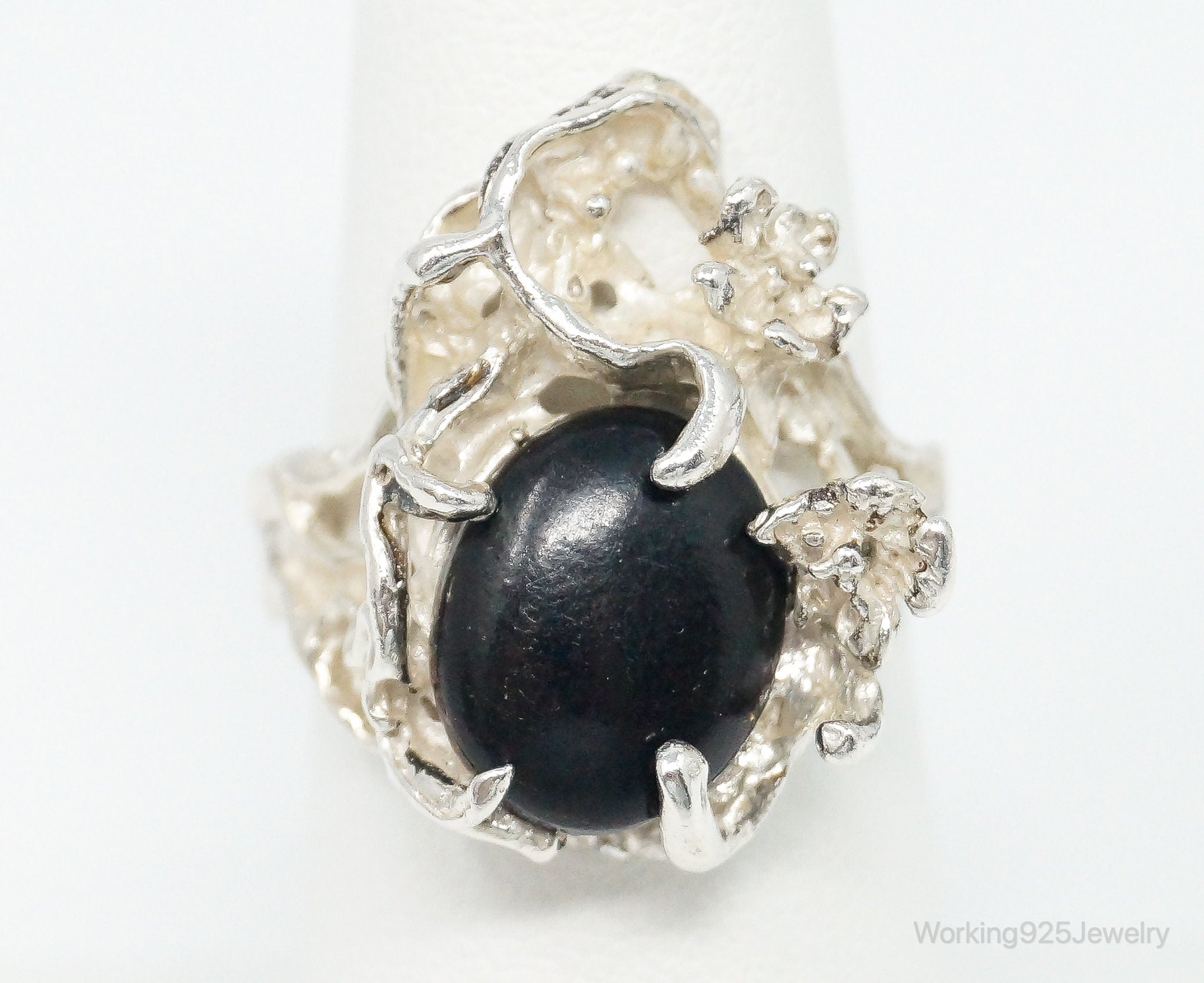 Vintage Brutalist Designer Black Onyx Sterling Silver Ring - Size 7