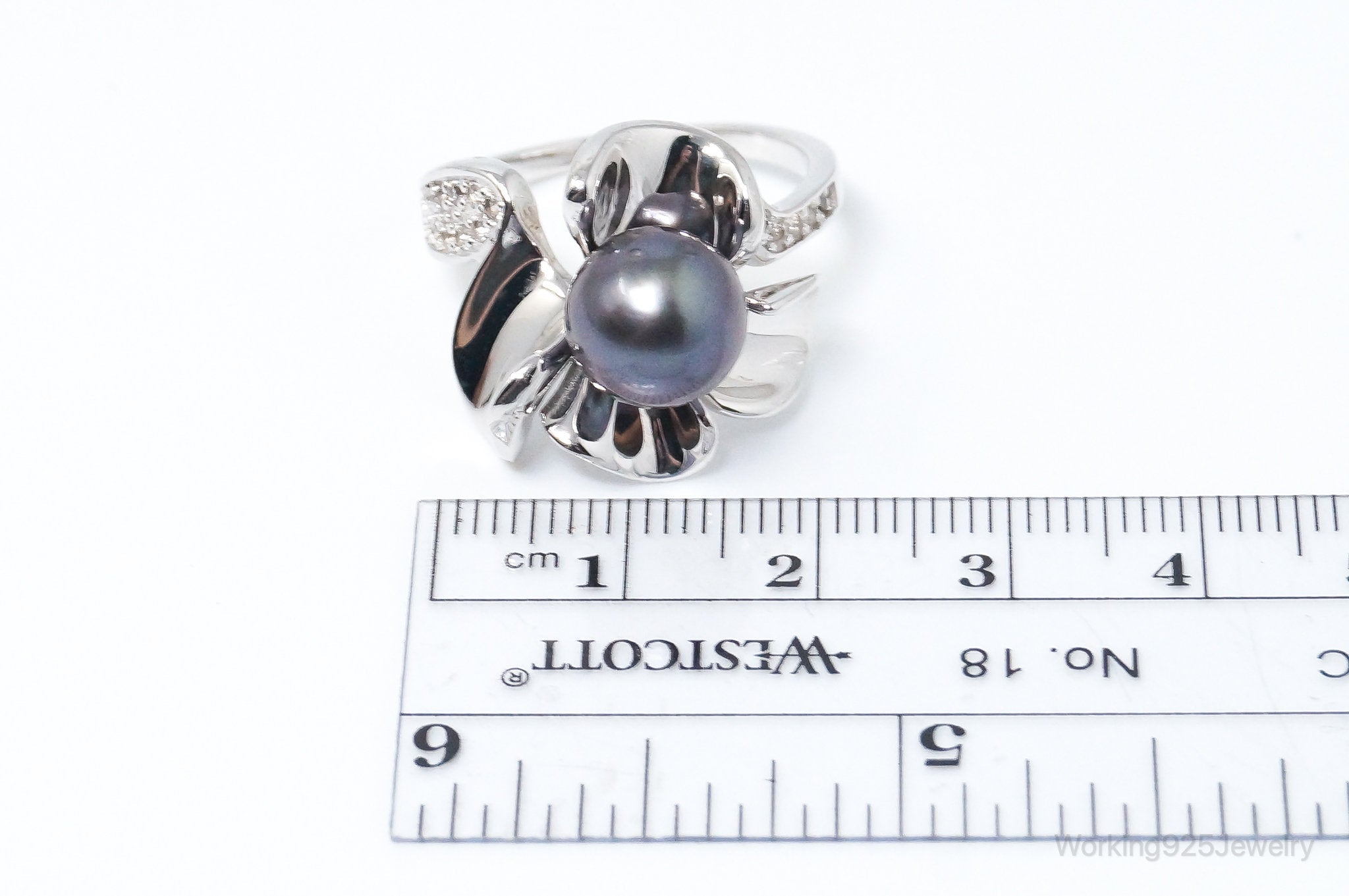 Designer Tahitian Pearl Cubic Zirconia Sterling Silver Ring SZ 9.5 Adjustable