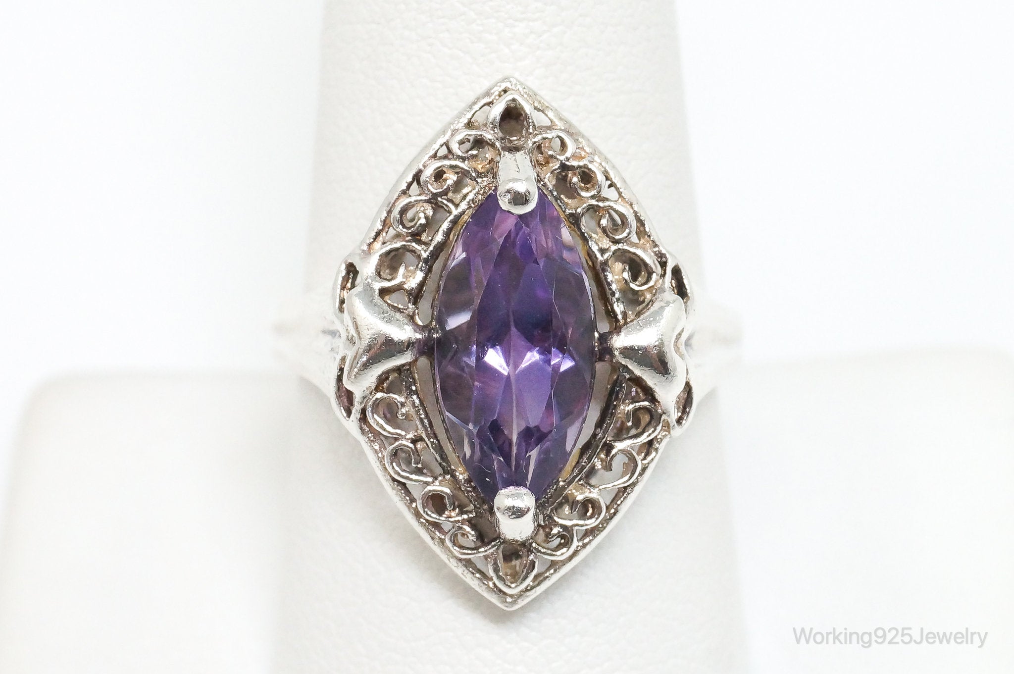 Vintage Art Deco Amethyst Sterling Silver Ring - SZ 9.25