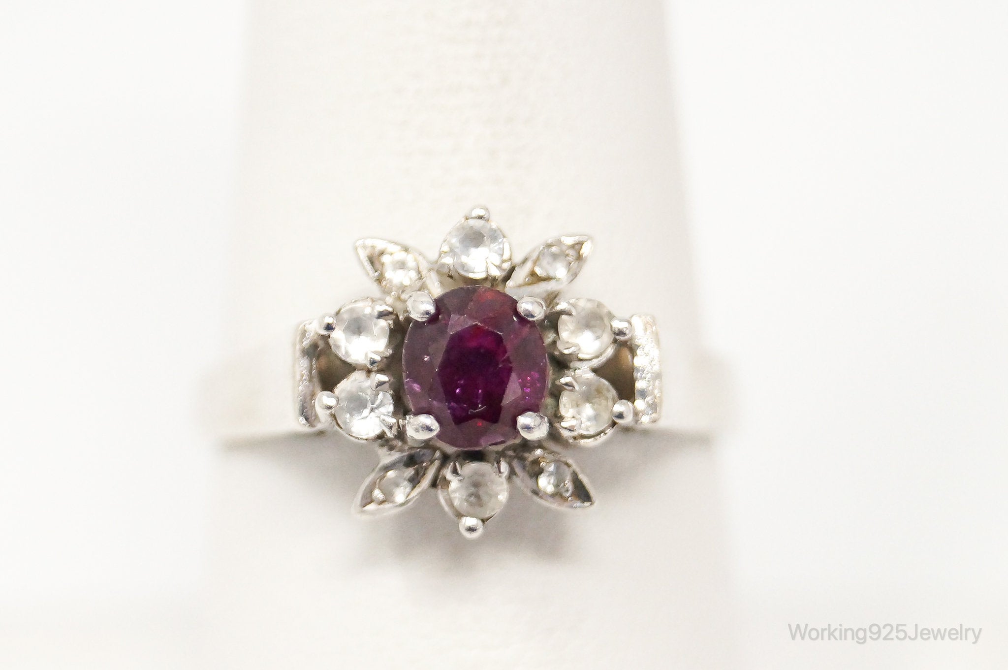 Vintage Art Deco Ruby Cubic Zirconia Sterling Silver Ring - Size 7.75