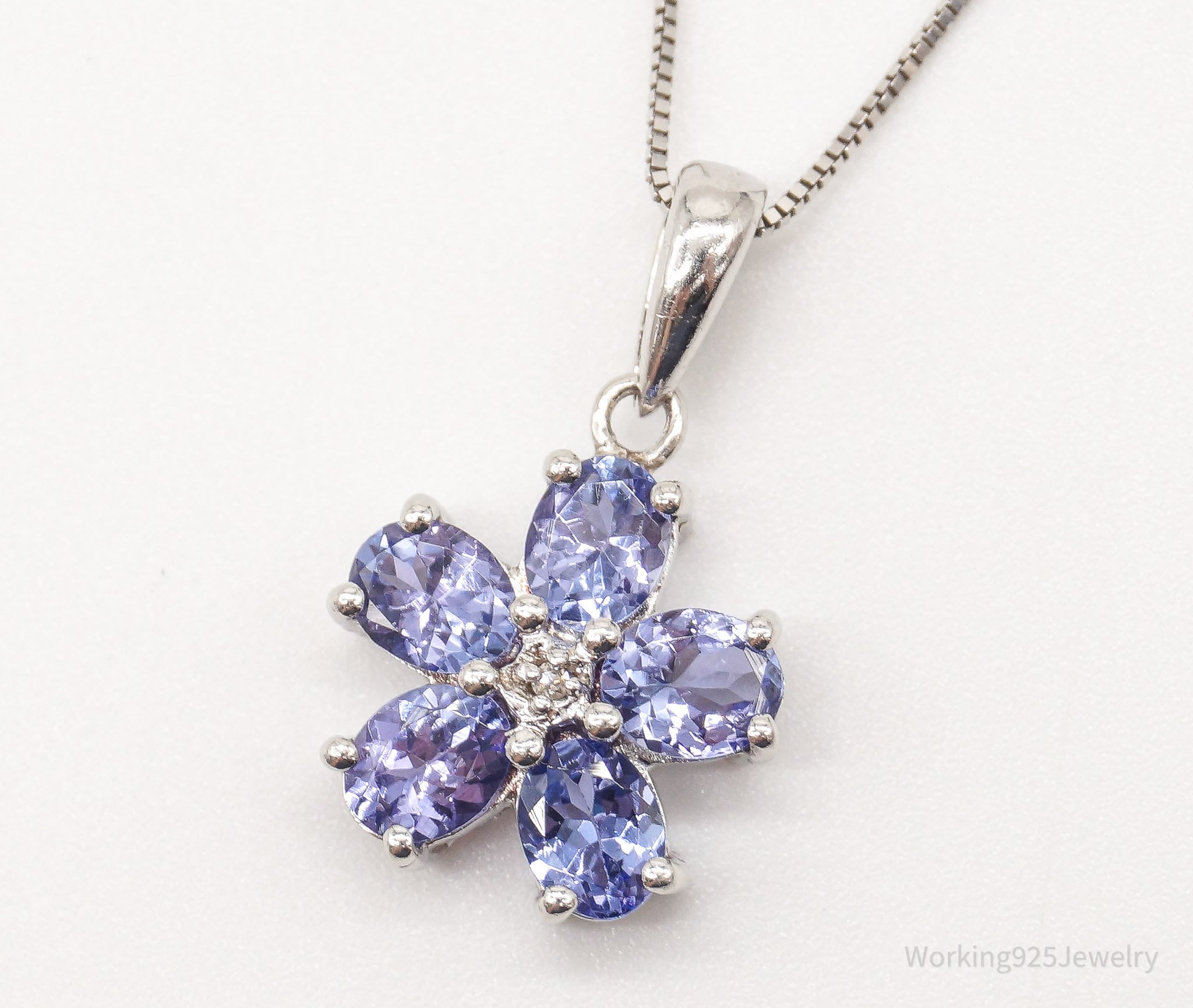 Vintage Designer SAI Iolite Single Diamond Sterling Silver Flower Necklace