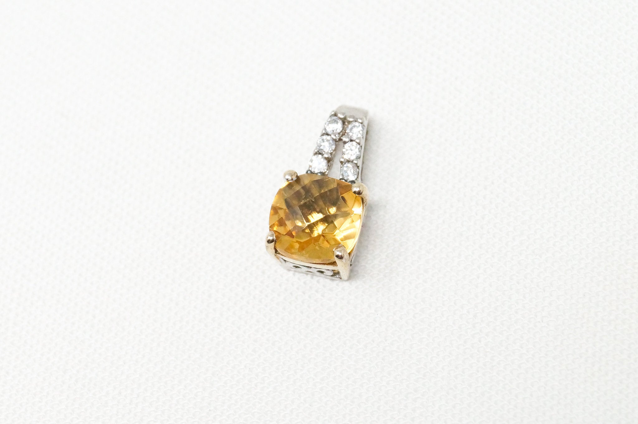 Vintage Art Deco 10K Yellow Gold Citrine CZ Sterling Silver Necklace Pendant