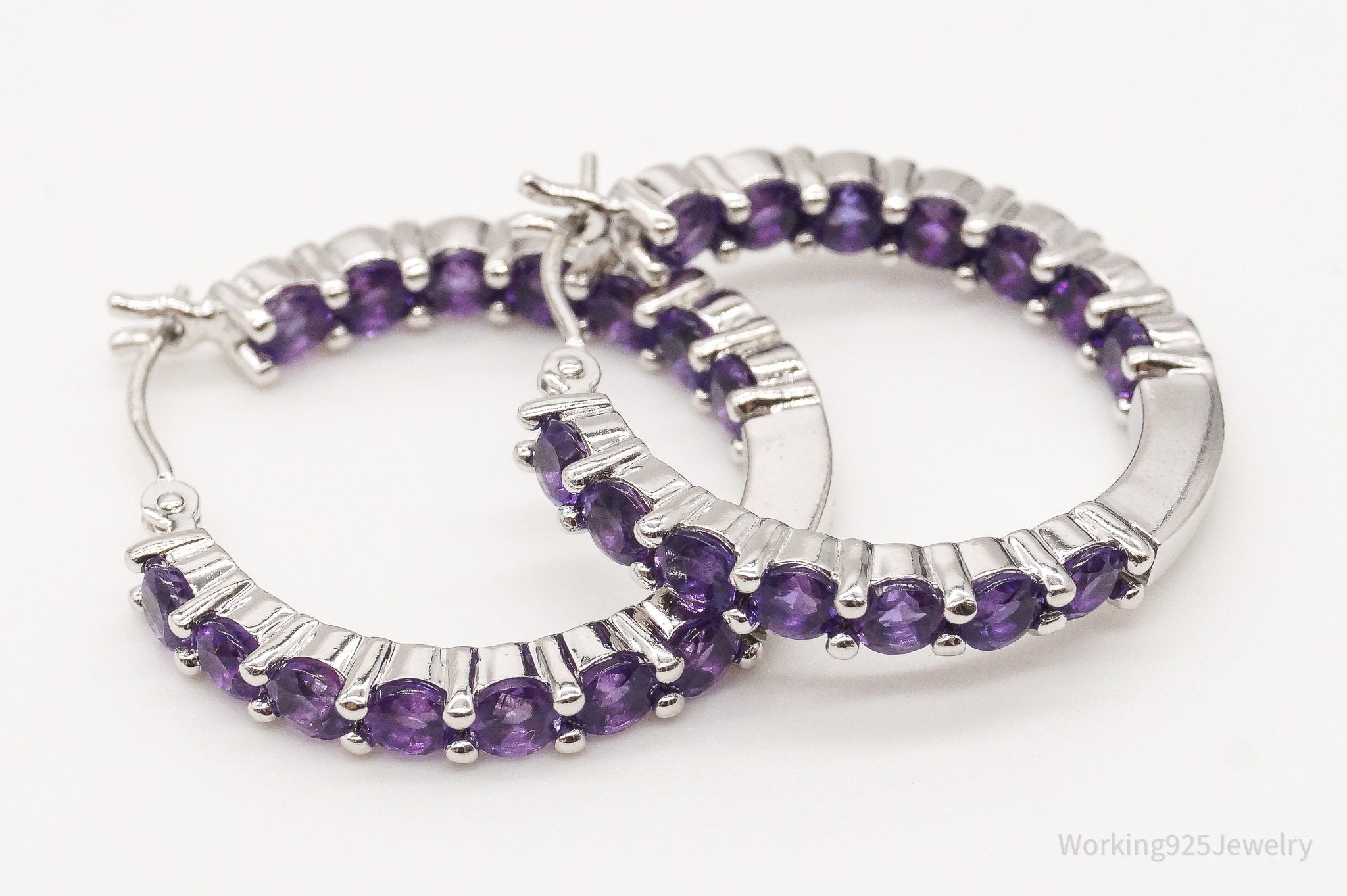 Vintage Amethyst Sterling Silver Hoop Earrings