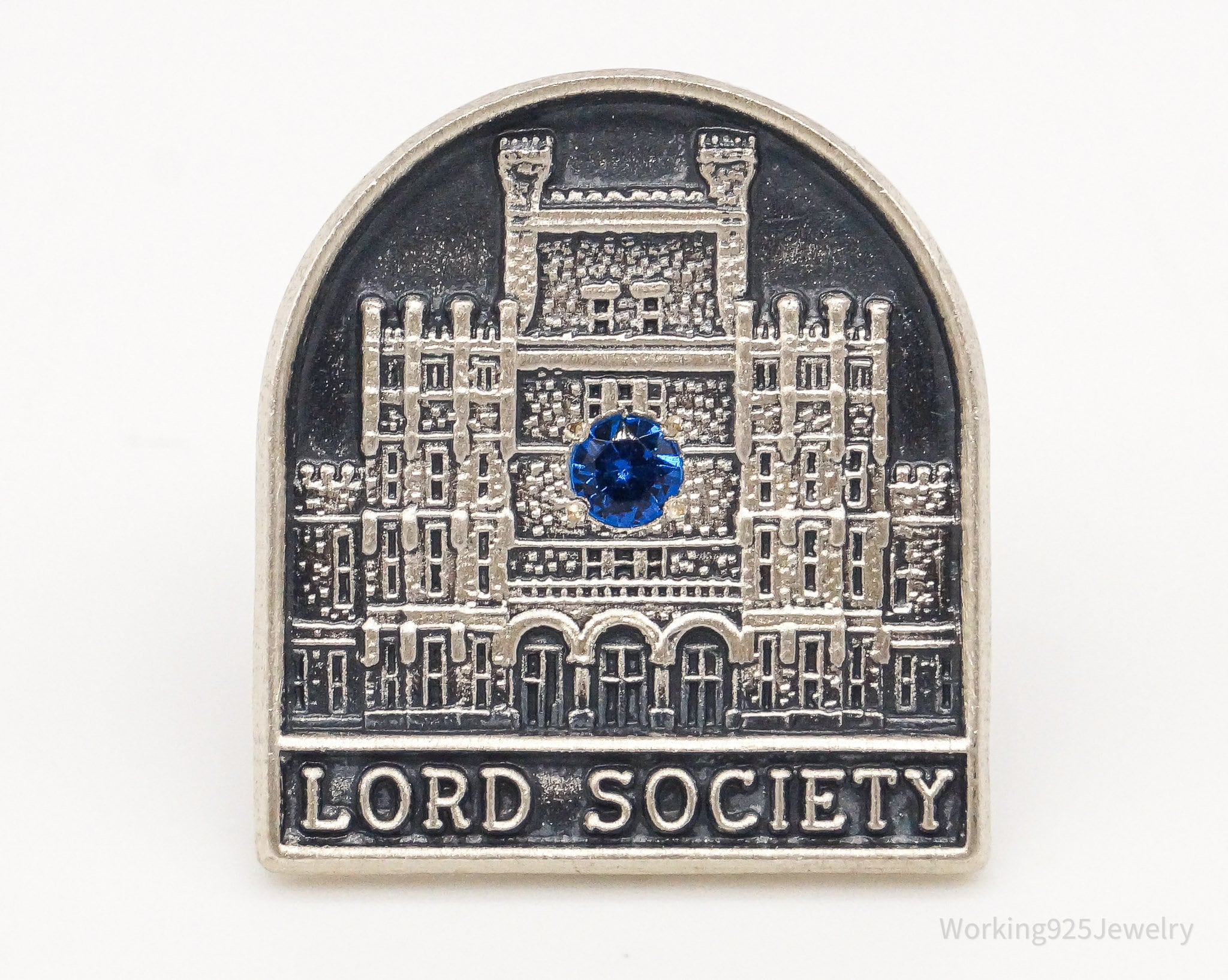 RARE Vintage " Lord Society " Blue Stone Sterling Silver Lapel Brooch Pin