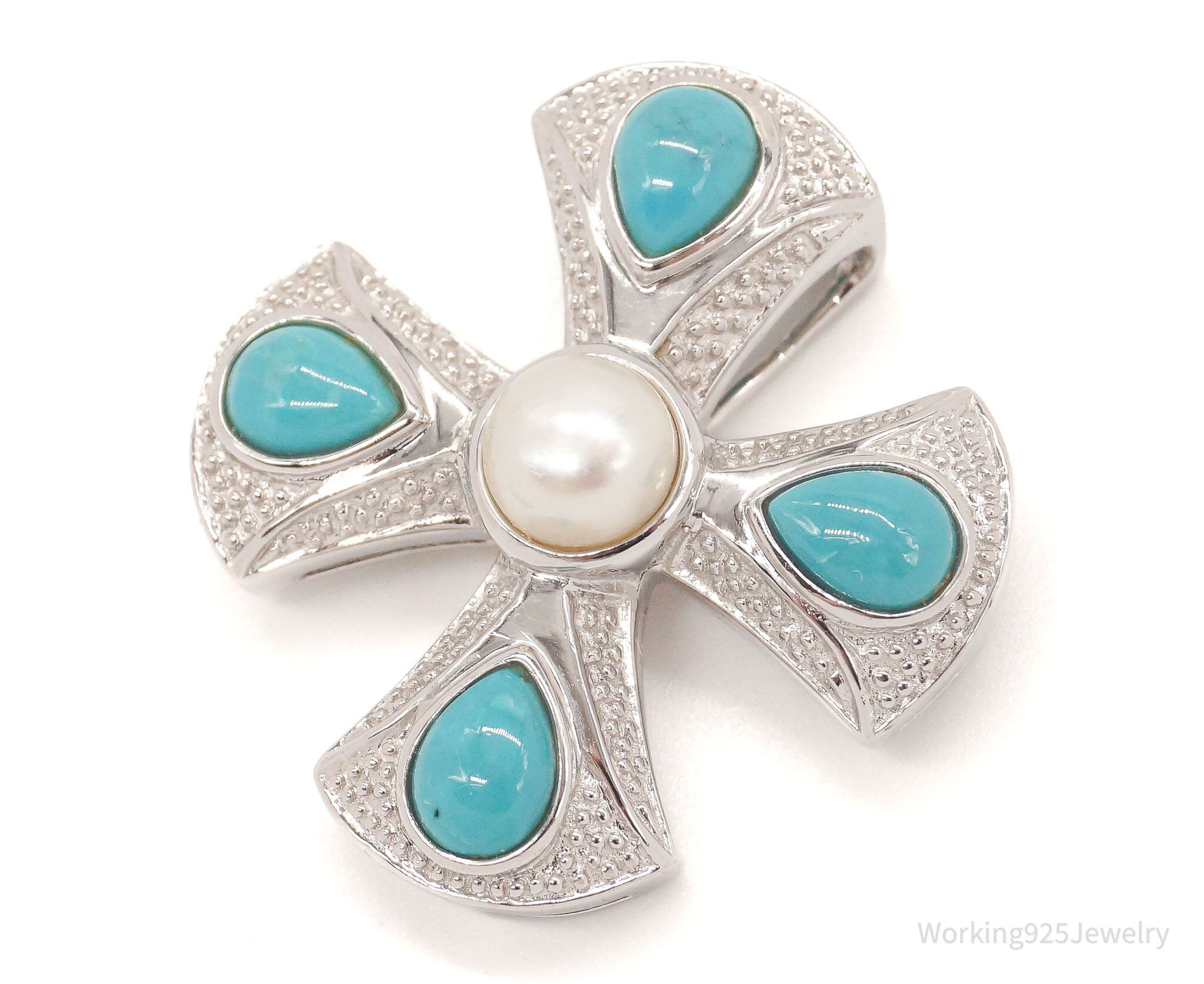 Vintage Designer EA Turquoise Pearl Cross Sterling Silver Pendant