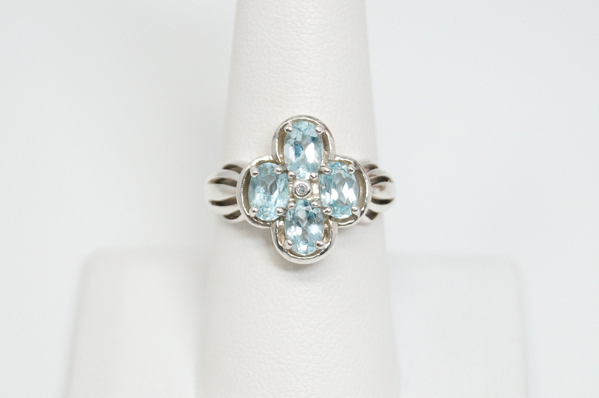 Vintage Designer CNA Blue Topaz Diamond Sterling Silver Ring - Sz 7.75