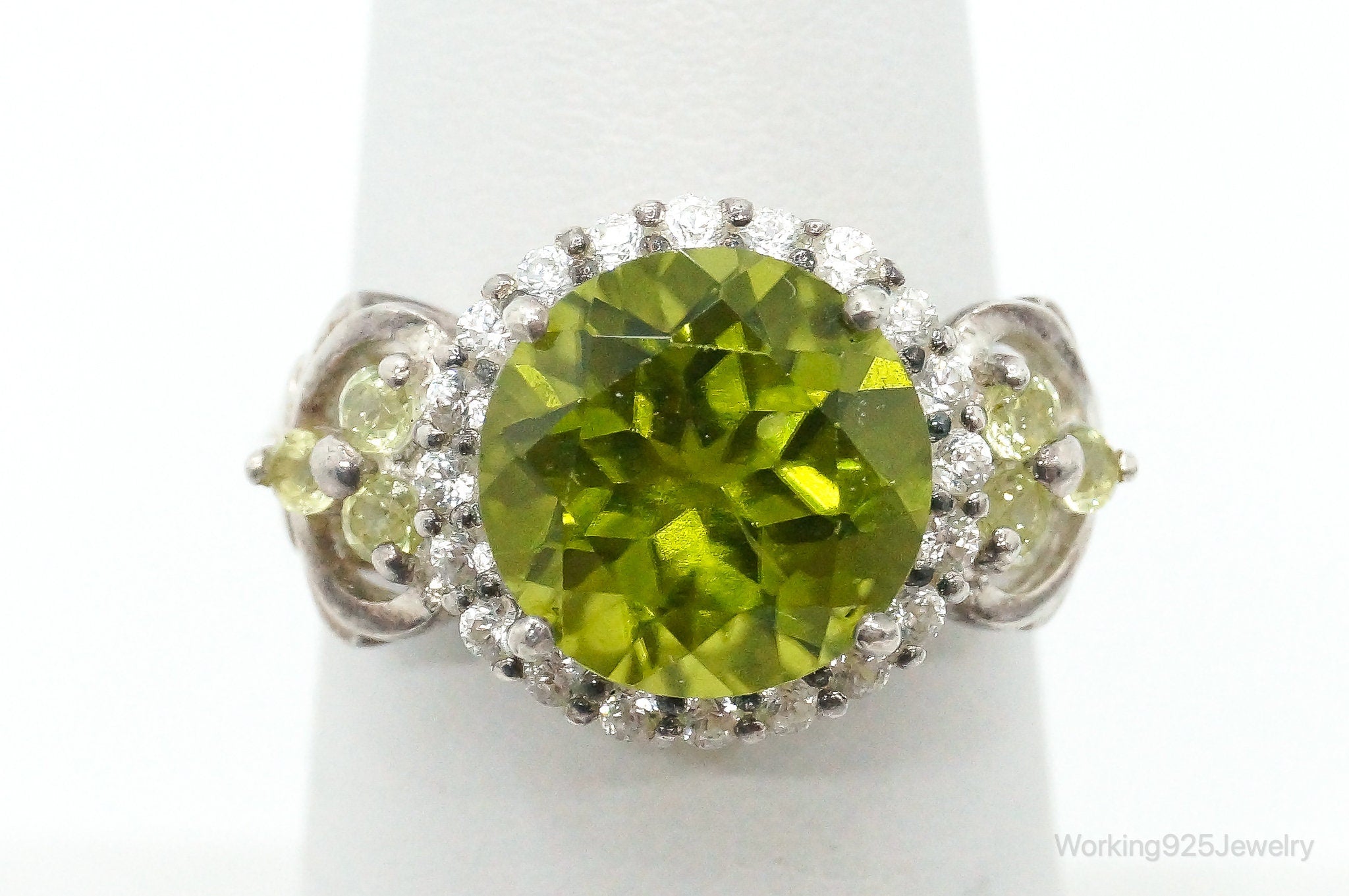 Designer KH Large Peridot Cubic Zirconia Sterling Silver Ring - Size 6