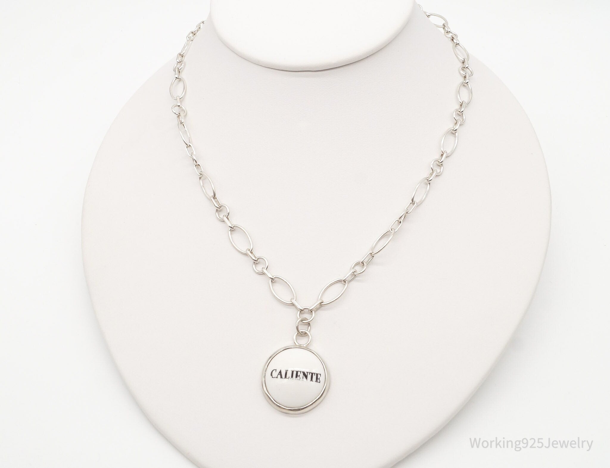 Vintage "Caliente" Porcelain Pendant Chainlink Sterling Silver Necklace