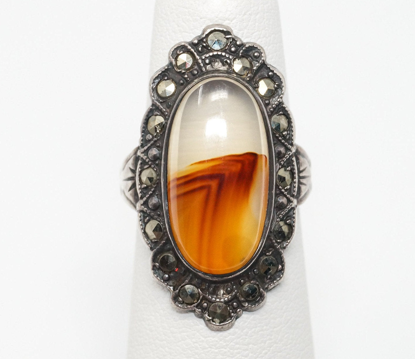 Antique Designer Uncas MFG CO Moss Agate Marcasite Sterling Silver Ring SZ 5.25