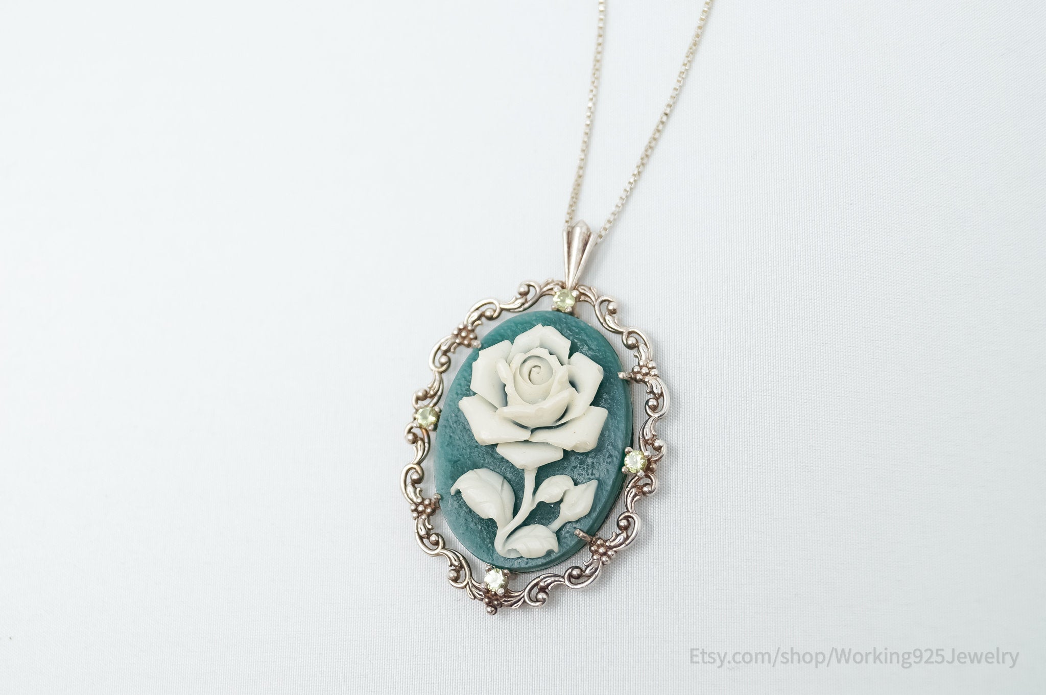 Vintage Carved Flower Dyed Fossil Sterling Silver Necklace