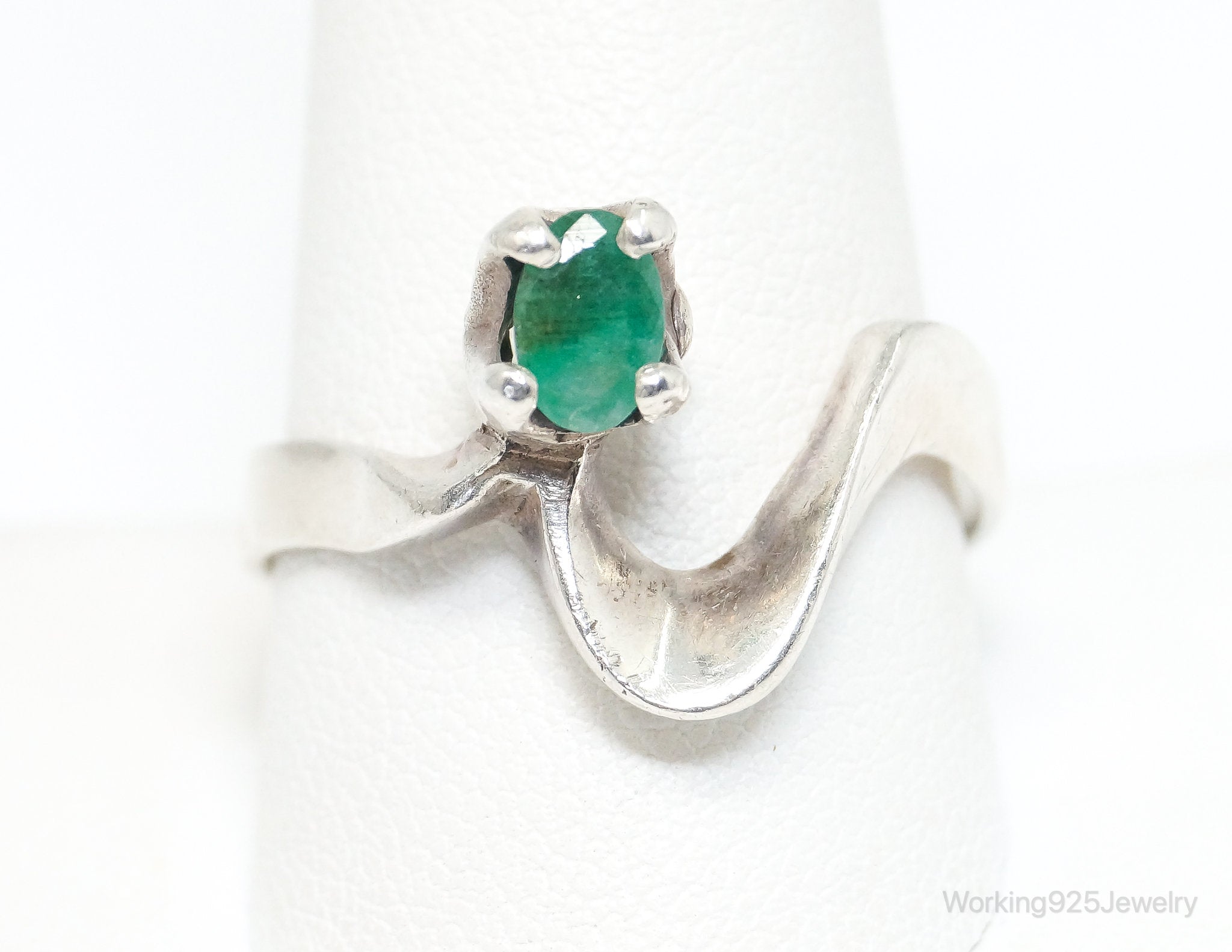 Vintage Emerald Modernist Sterling Silver Ring - SZ 11.75