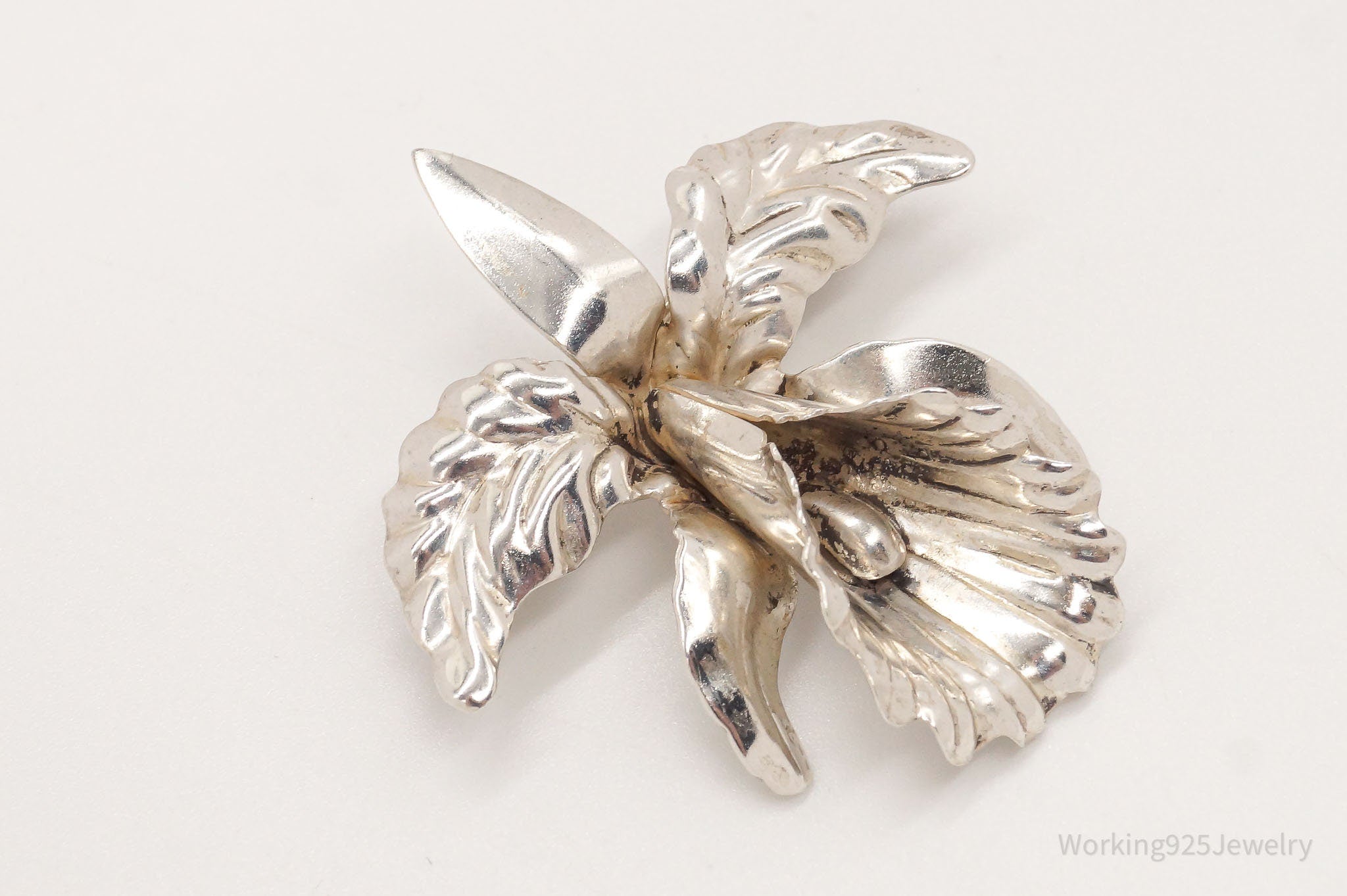 Vintage Designer Beau Orchid Flower Sterling Silver Brooch Pin