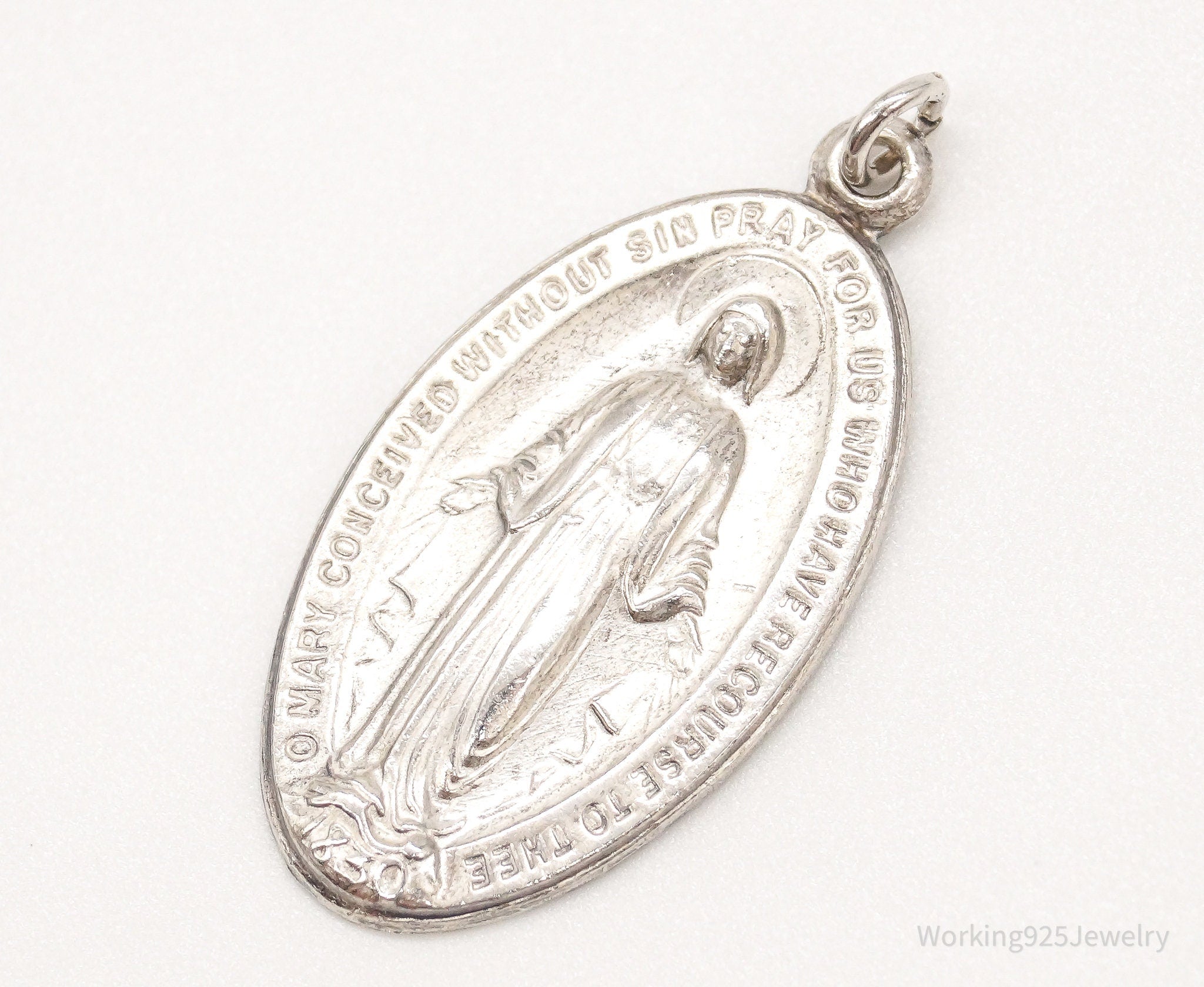 Antique Mary Pray For Us Sterling Silver Pendant