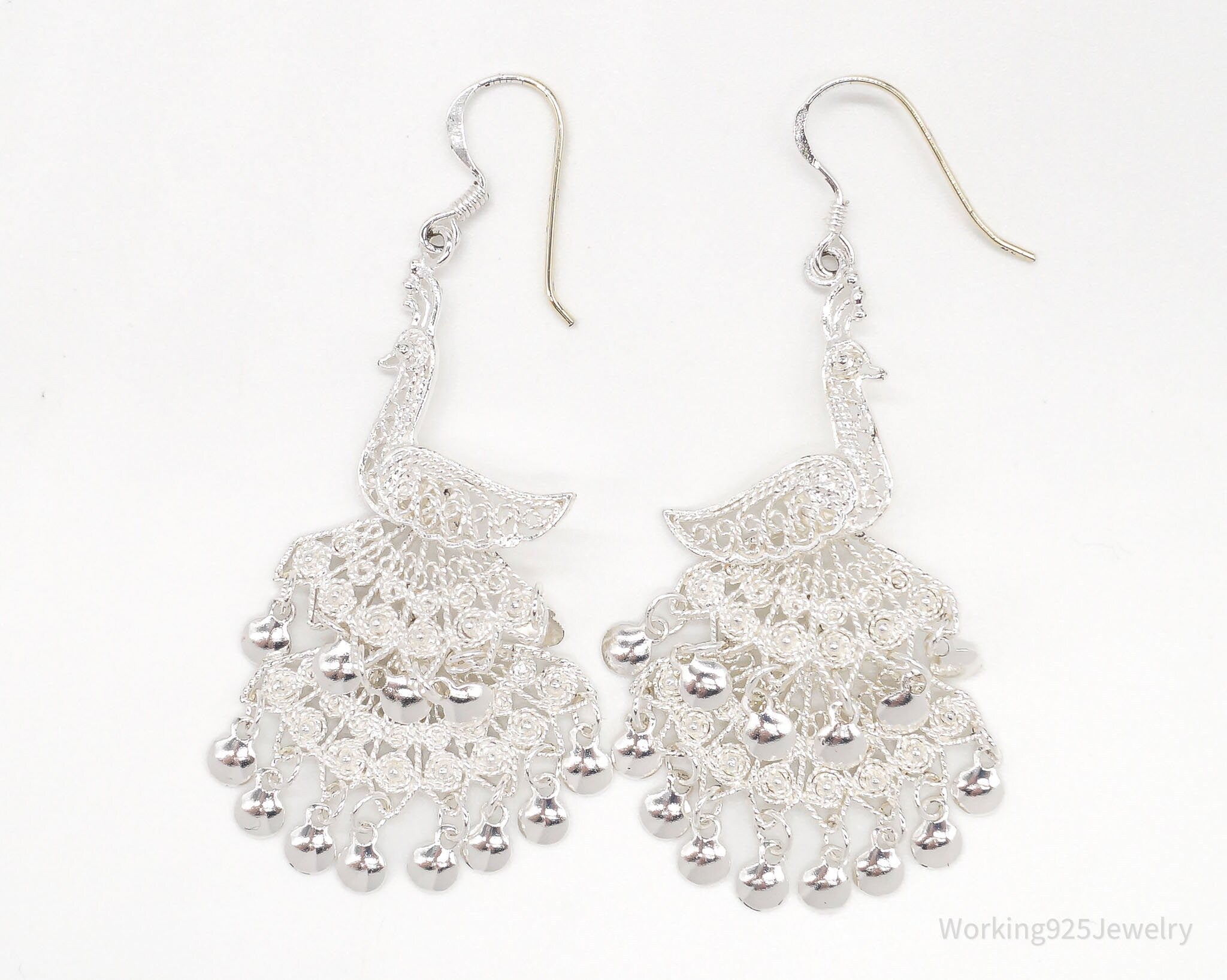 Vintage Filigree Peacock Chandelier Sterling Silver Earrings