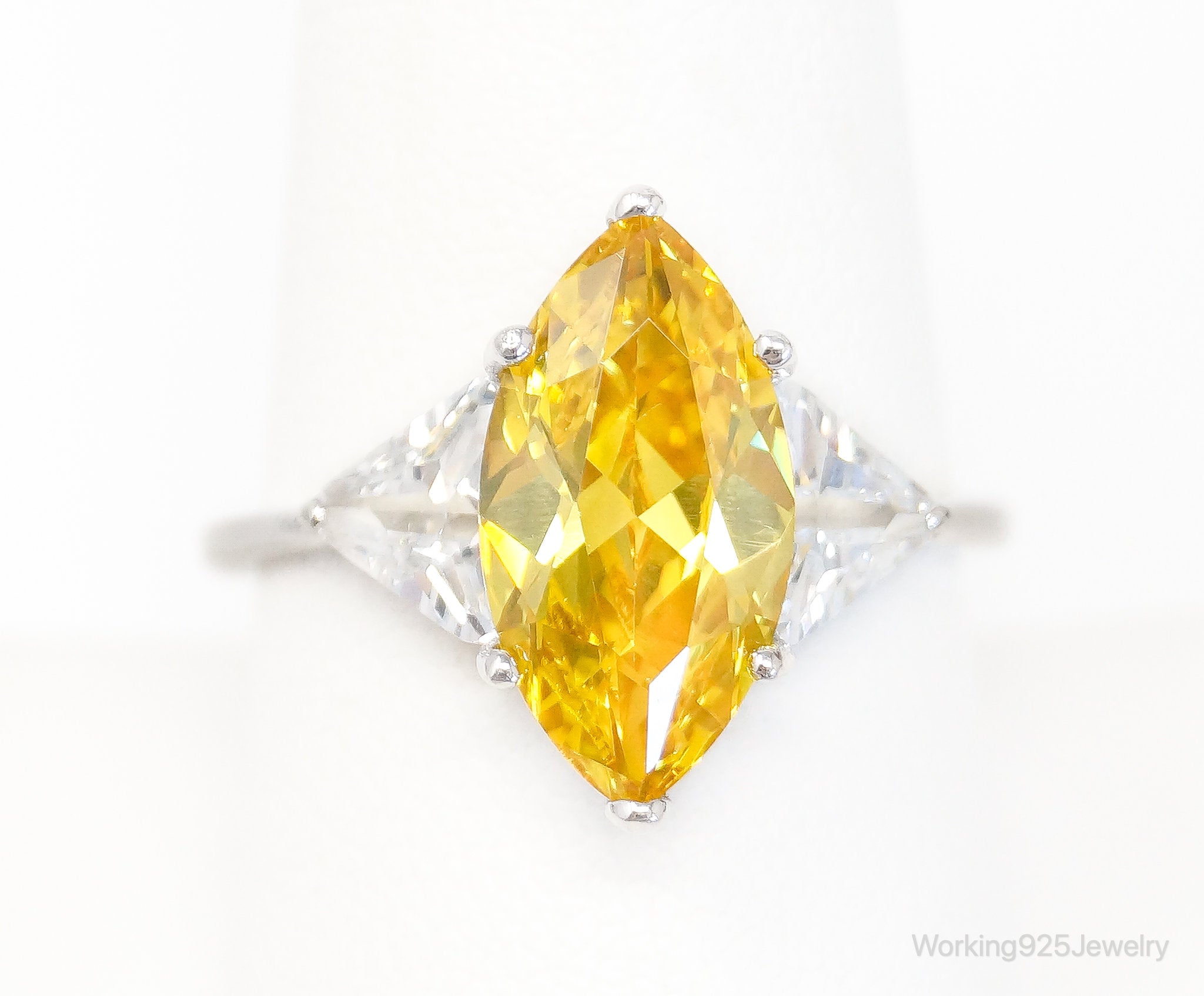 Large Citrine Cubic Zirconia Sterling Silver Statement Ring - Size 9