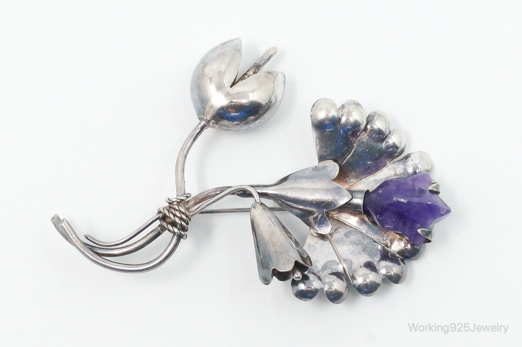 Large Vintage Mexico Modernist Amethyst Flower Sterling Silver Brooch Pin