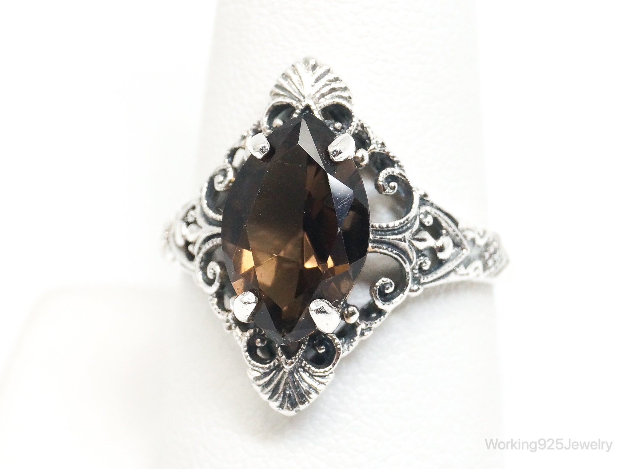 Vintage Designer CNA Smoky Topaz Scroll Sterling Silver Ring - SZ 9