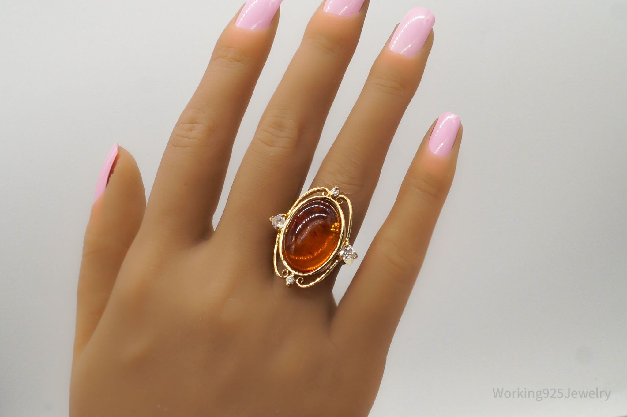 Designer Amber Cubic Zirconia Gold Over Sterling Silver Ring - Size 6.75