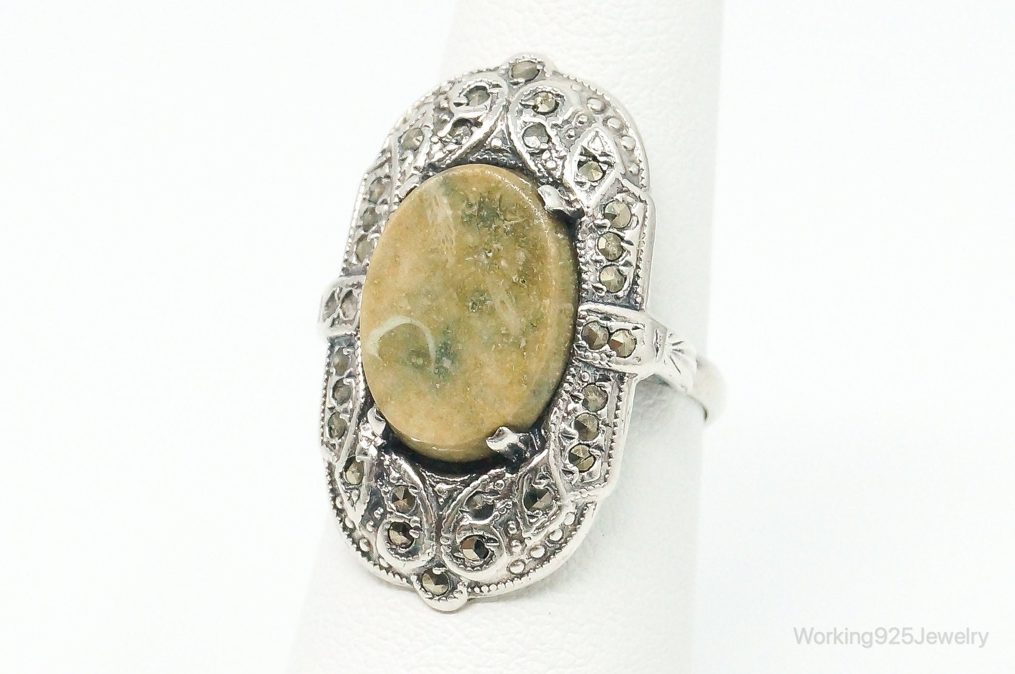 Antique Green Gemstone Marcasite Sterling Silver Ring - Size 6