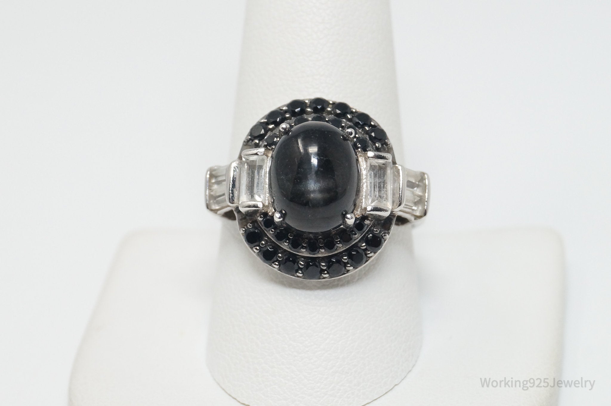 Vintage Black Gemstone Sapphire CZ Sterling Silver Ring - Sz 10