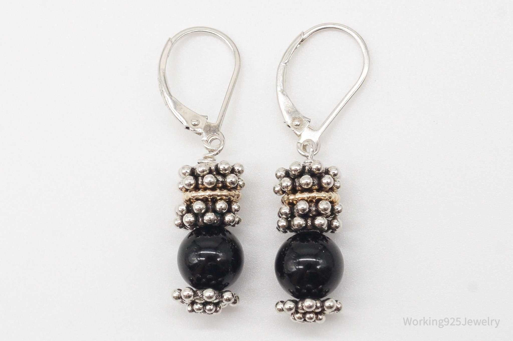 Vintage Black Onyx 14K Gold Granulated Sterling Silver Earrings