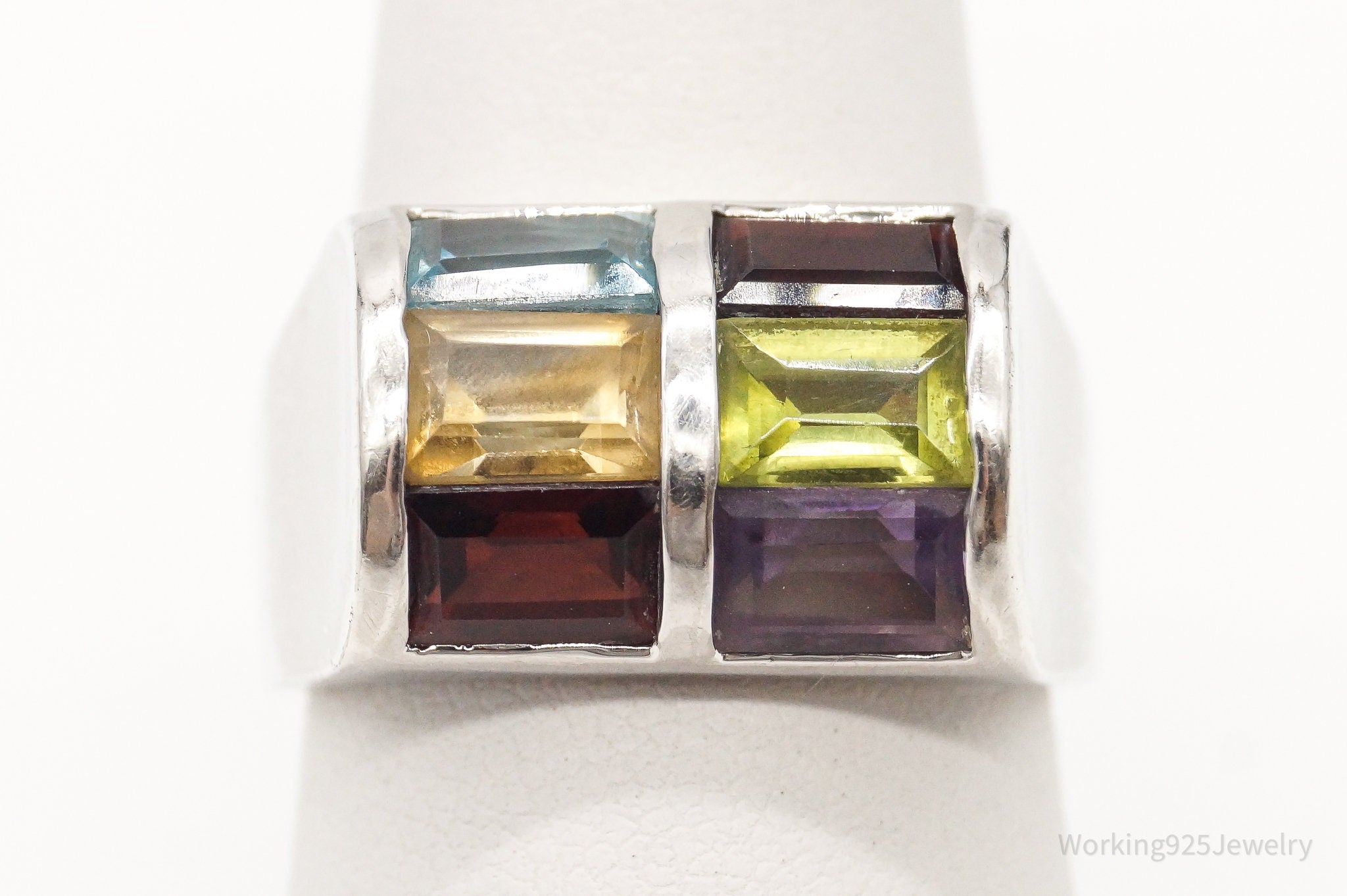 Vintage Art Deco Multi Gemstone Sterling Silver Ring - Size 7.75