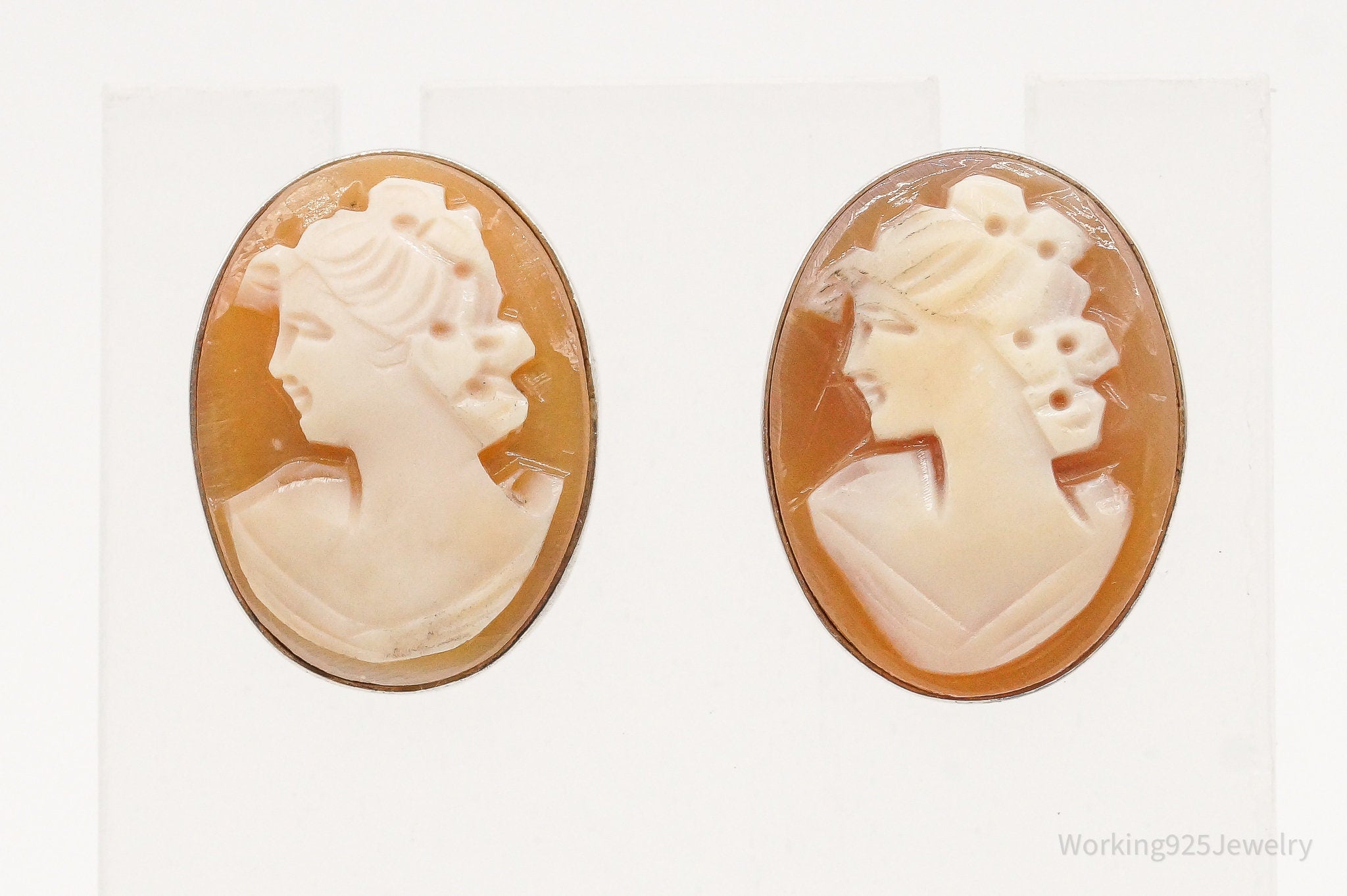 Vintage Carved Shell Woman Cameo Sterling Silver Earrings