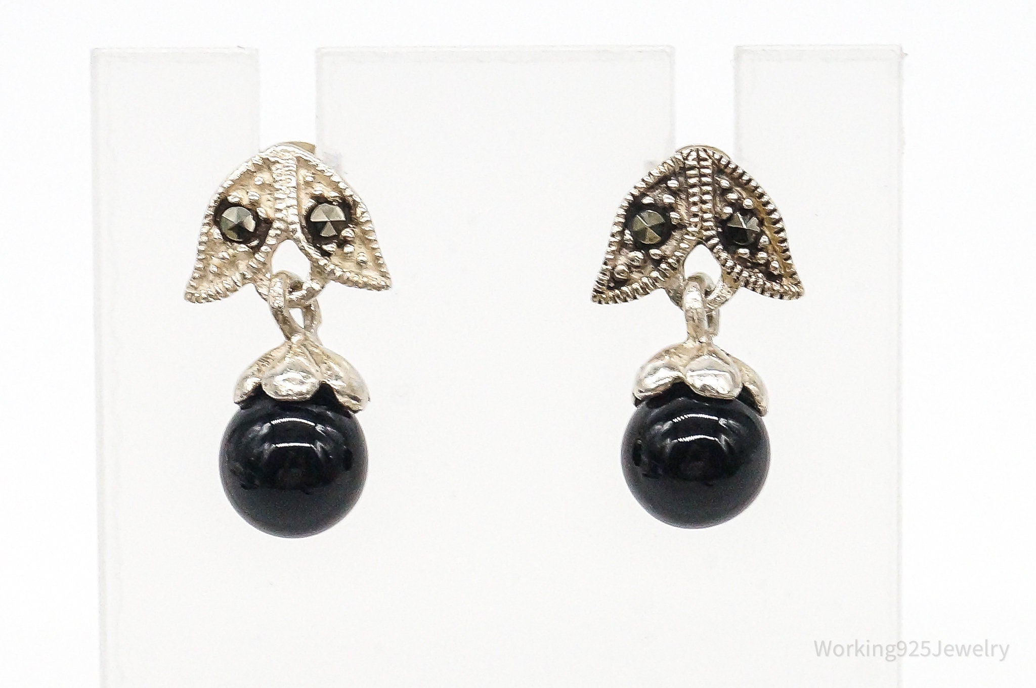 Vintage Black Onyx Marcasite Sterling Silver Earrings