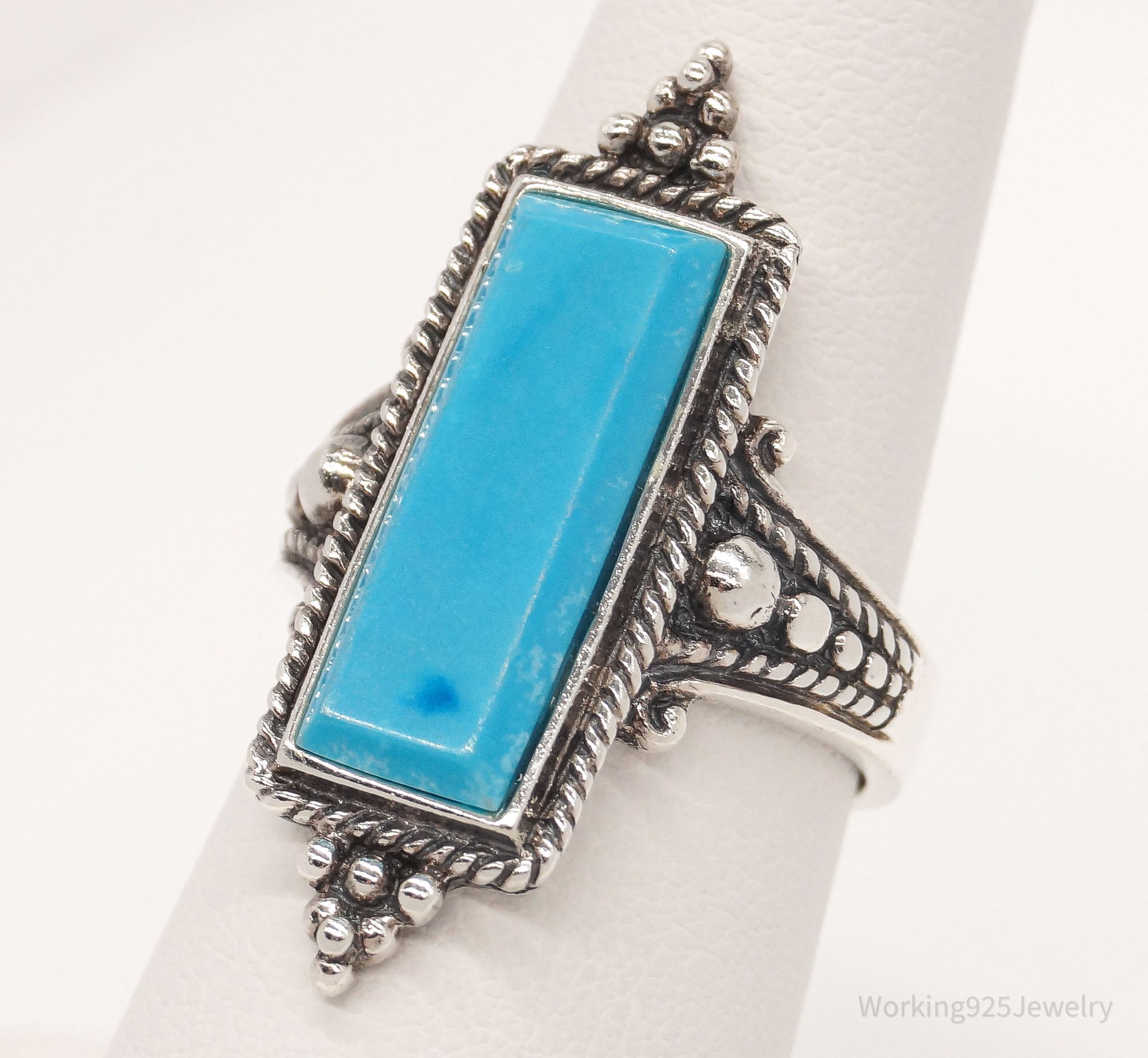 Vintage Bali Style Blue Turquoise Filigree Sterling Silver Ring - Size 6.75