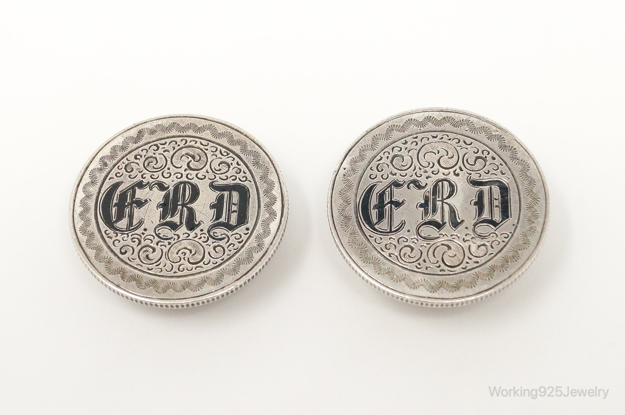 Antique Art Deco Etched Initials Seated Liberty Coin Silver Cufflinks