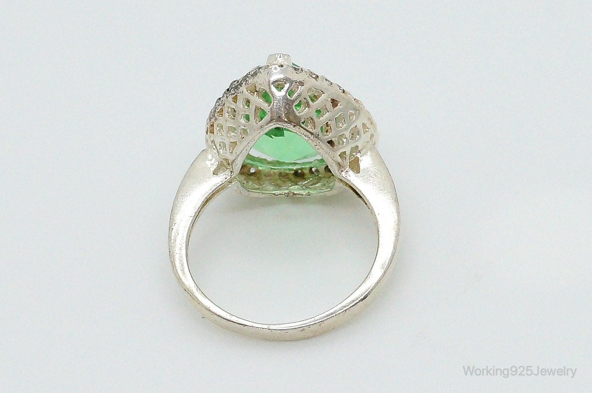 Large Green Glass Cubic Zirconia Sterling Silver Ring Size 7.5