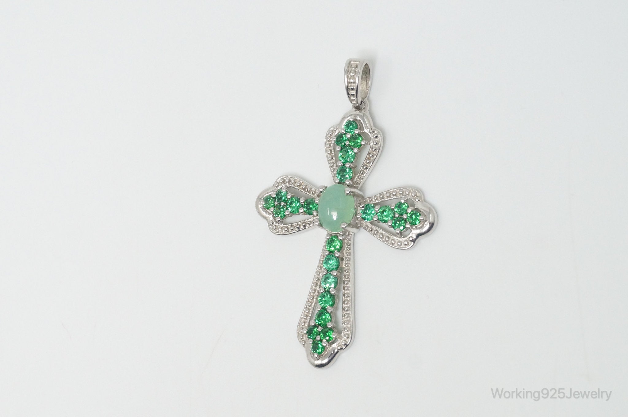 Vintage Green Chalcedony Green Cubic Zirconia Cross Sterling Silver Pendant