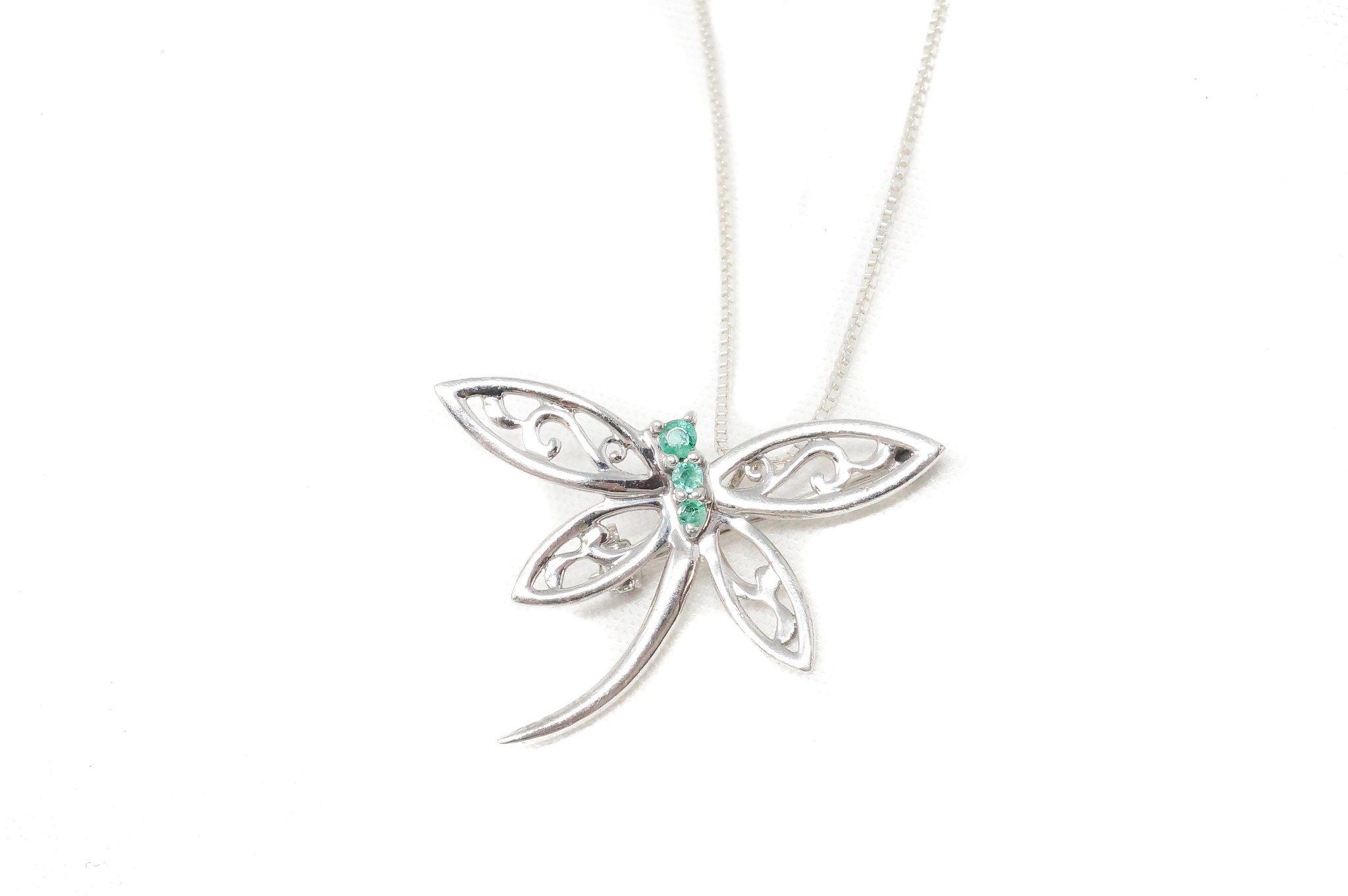 Vintage Emerald Dragonfly Sterling Silver Necklace Pendant