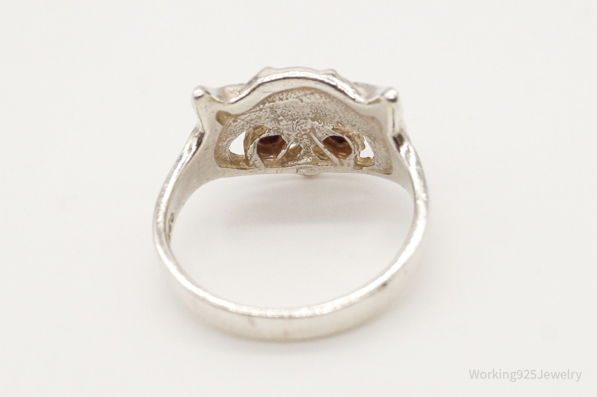 Vintage Garnet Eyed Owl Sterling Silver Ring - Size 4.5