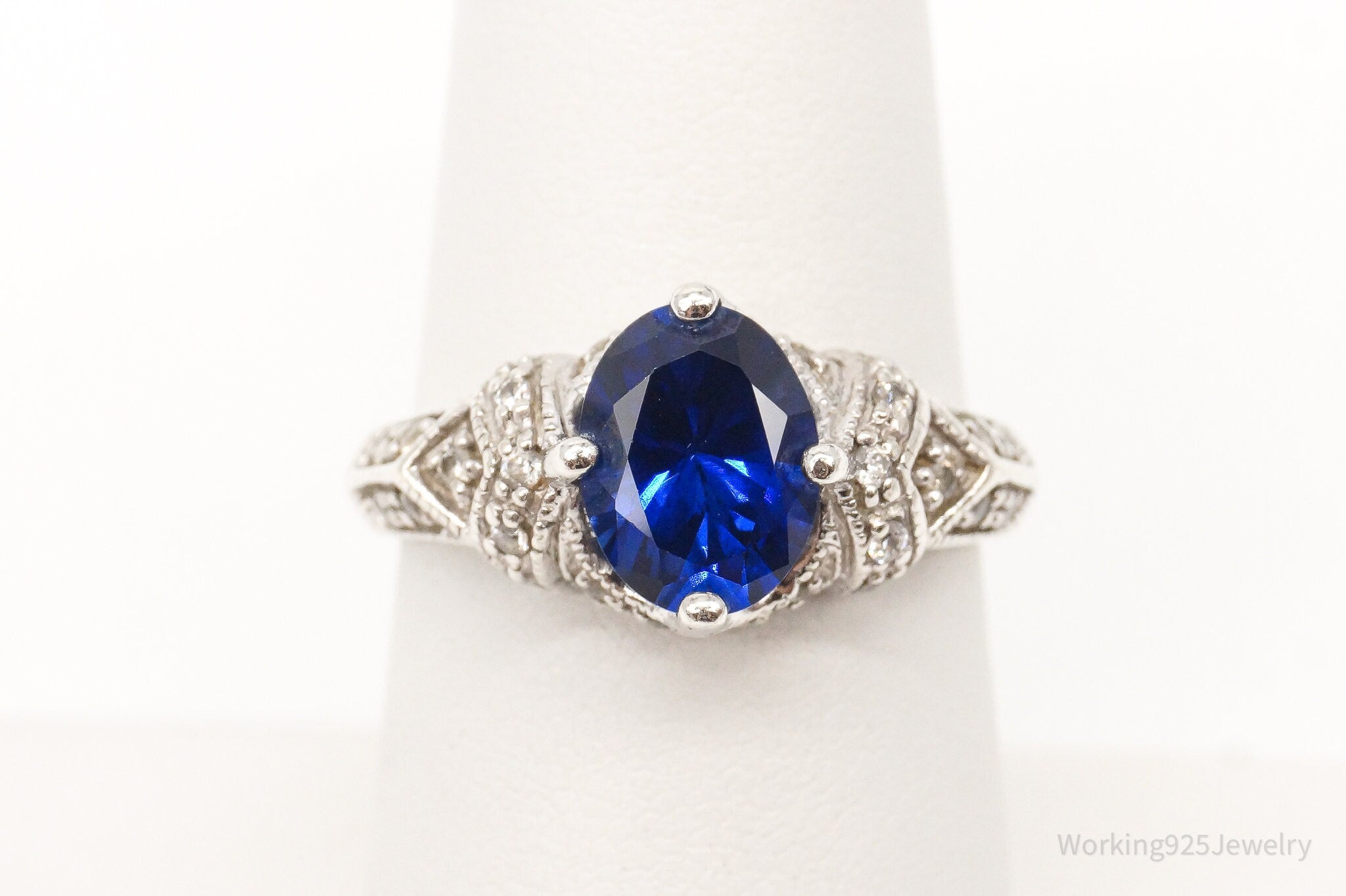 Vintage Lab Sapphire Cubic Zirconia Sterling Silver Ring - Size 6.75