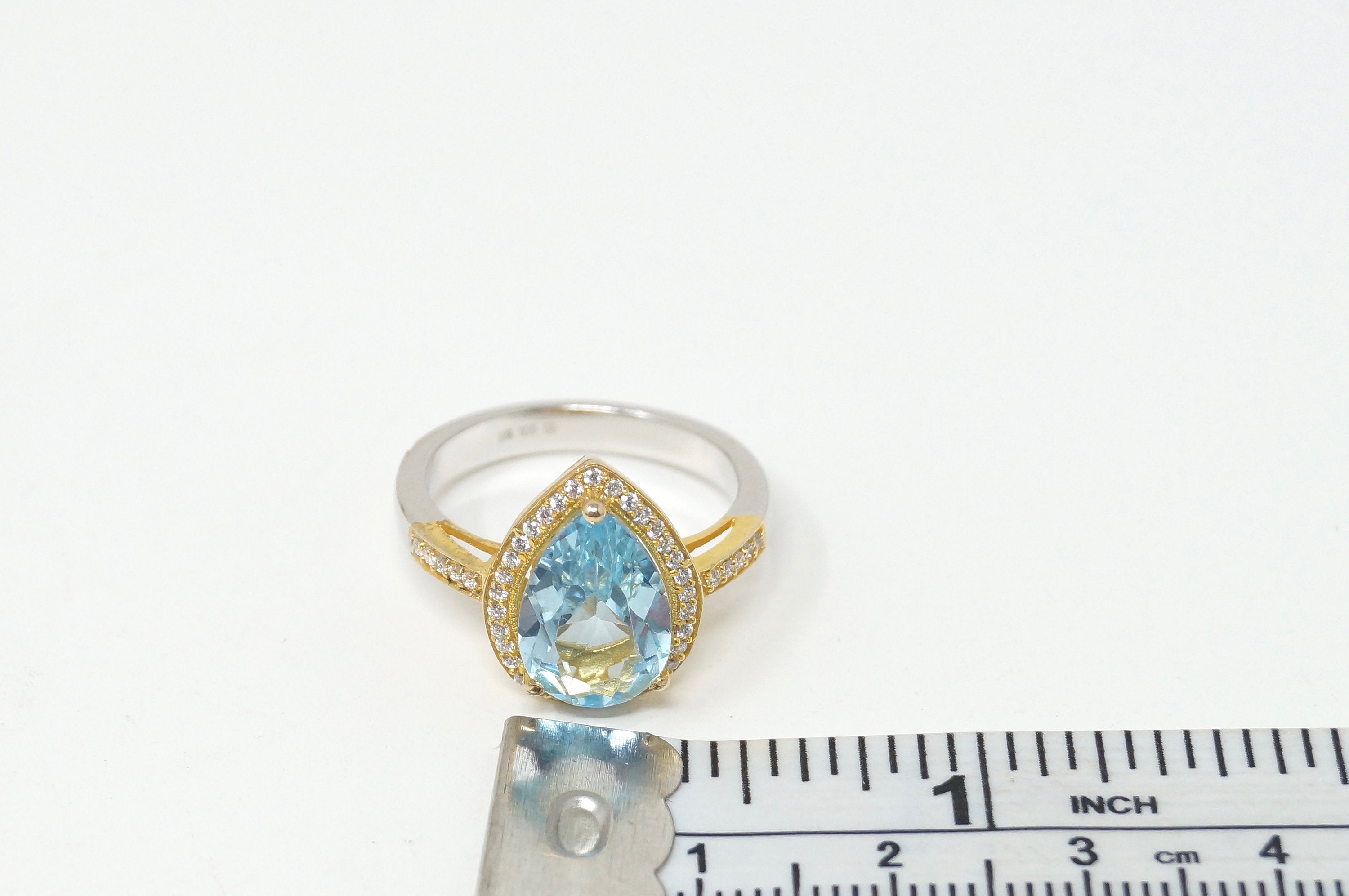 Vintage De Buman 18k Gold Genuine Sky Blue Topaz CZ Sterling Silver Ring Sz 6.75