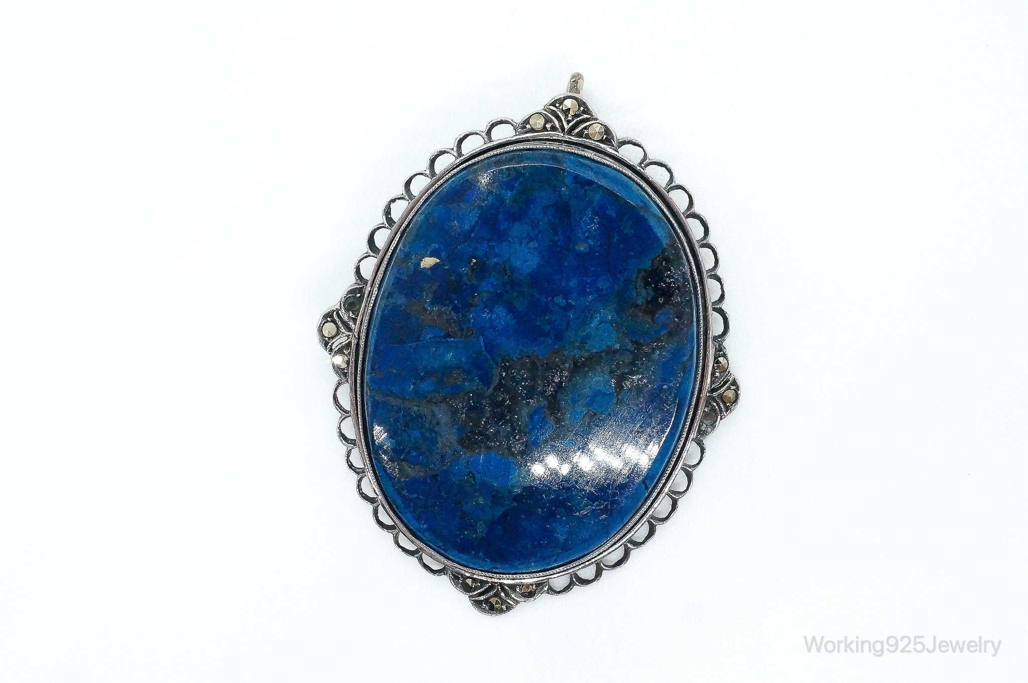 Large Antique Lapis Lazuli Marcasite Sterling Silver Pendant