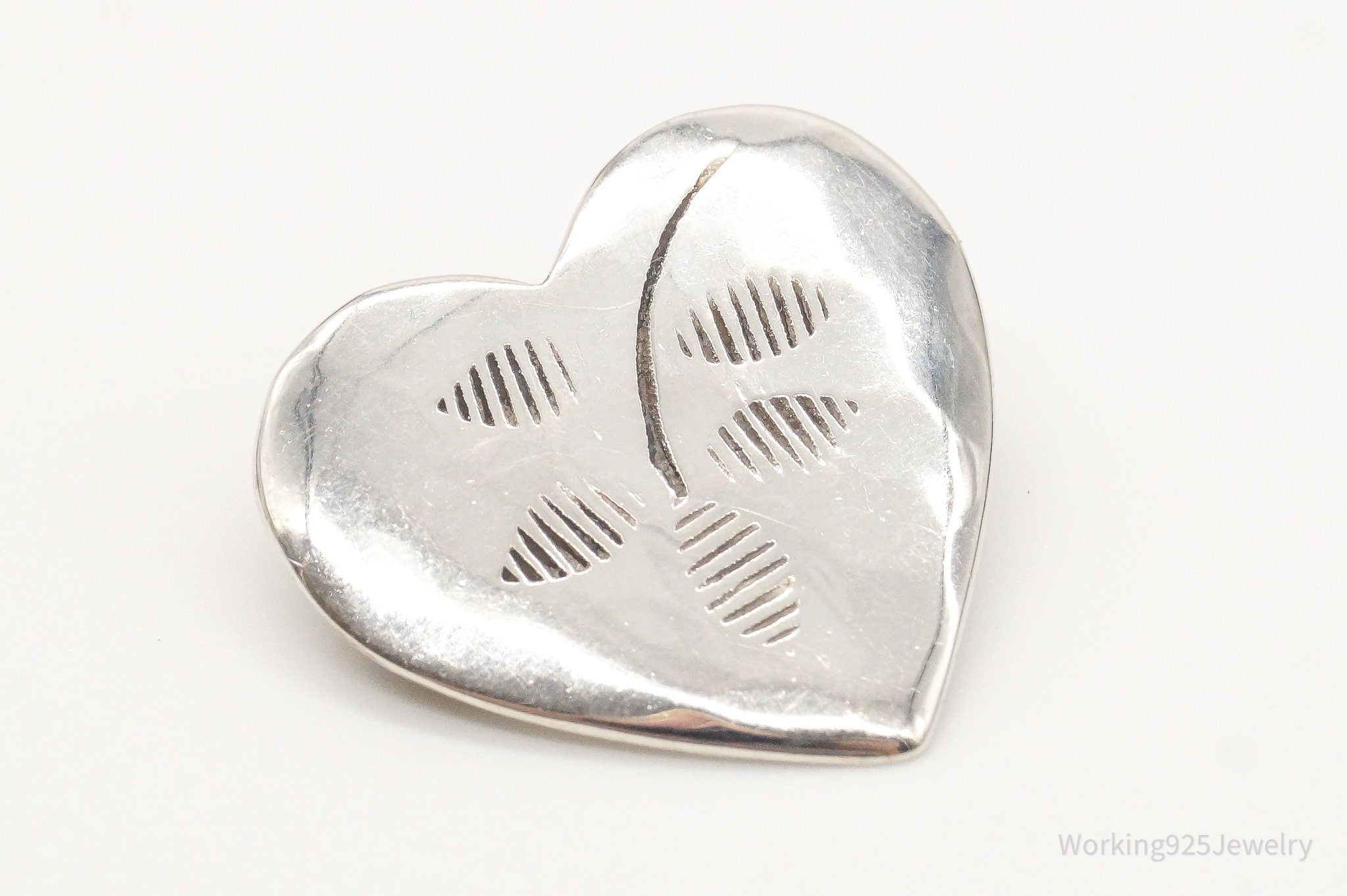 Antique Floral Leaves Heart Sterling Silver Brooch Pin